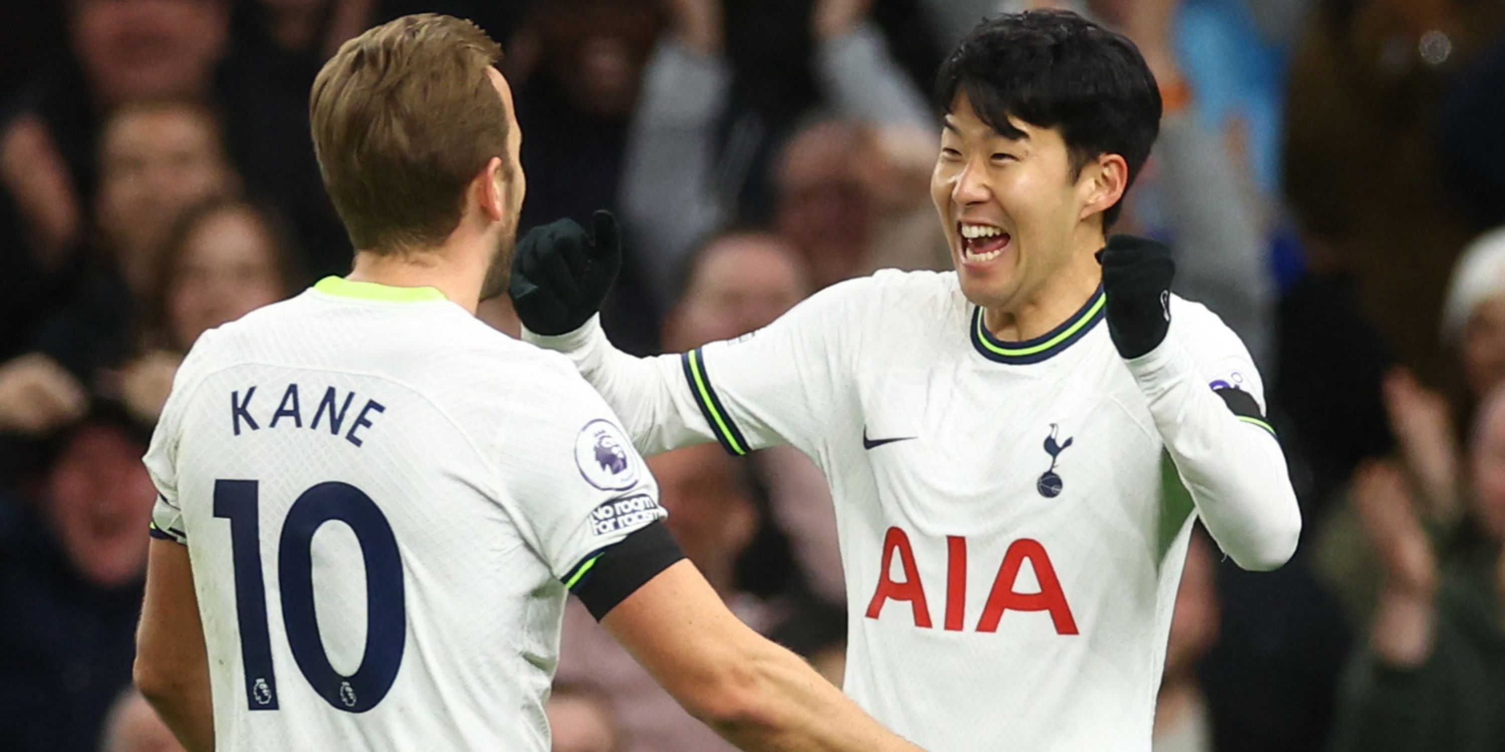 Harry Kane and Heung-min Son celebrate scoring for Tottenham
