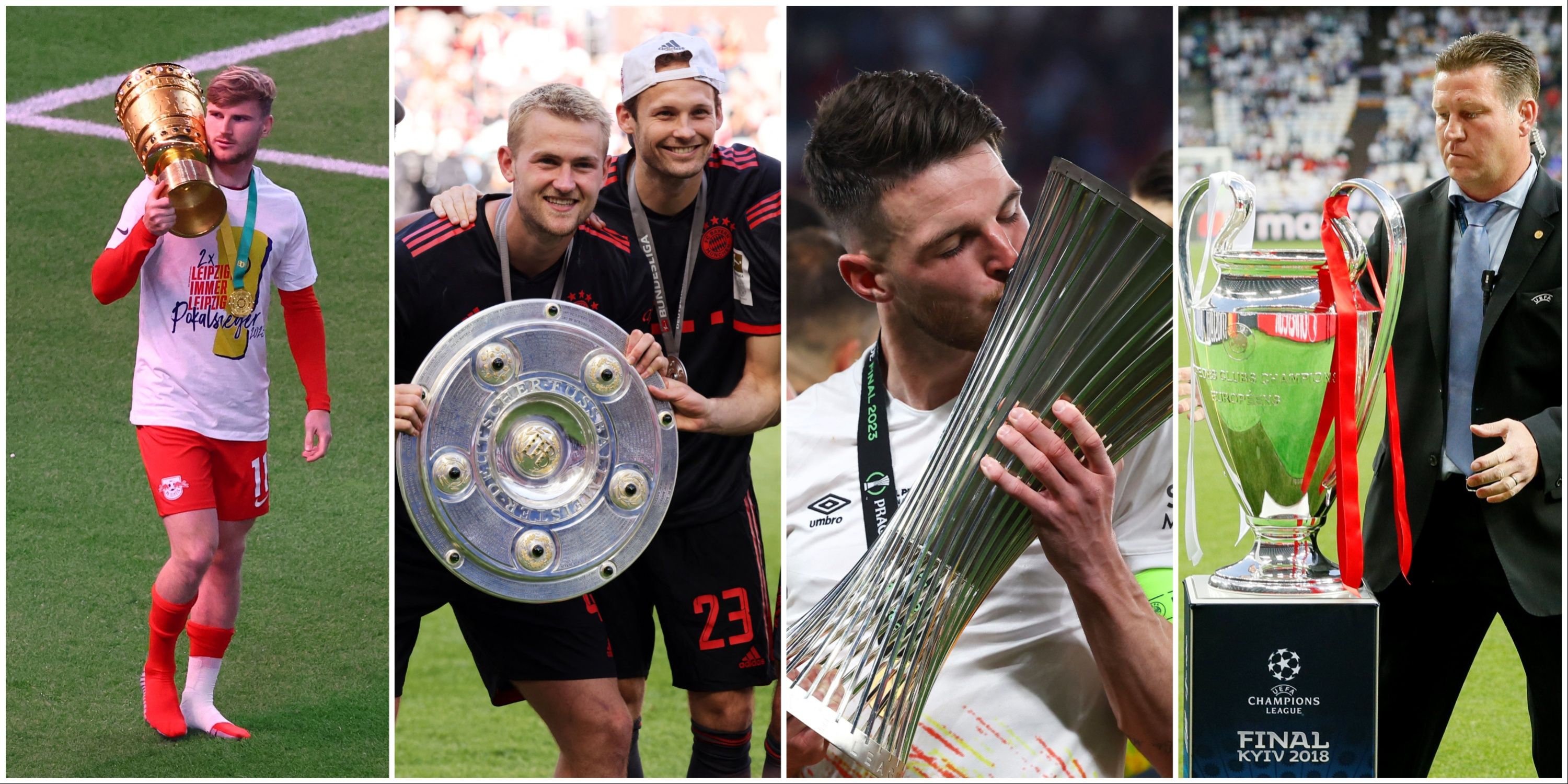 Werner, De Ligt and Rice celebrating trophy wins with their respective clubs.