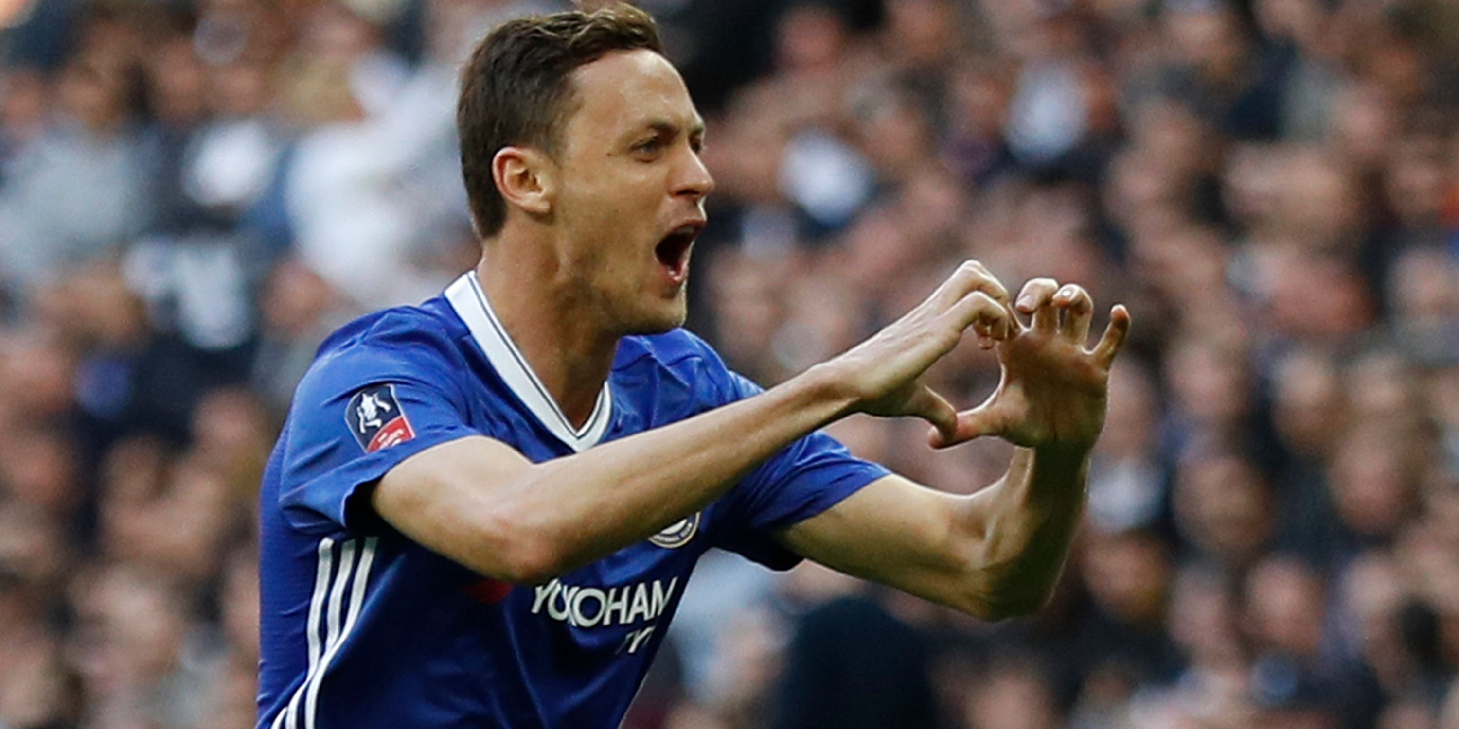 Nemanja Matic does a love heart celebration after scoring for Chelsea at Wembley.