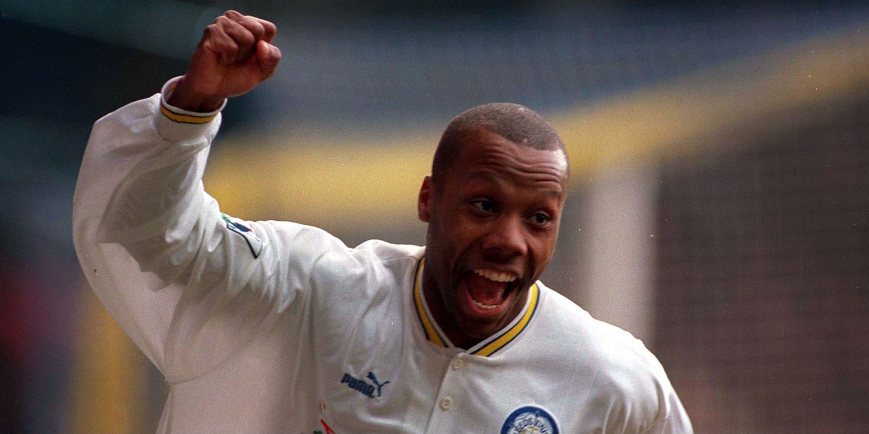 Rod Wallace celebrates scoring a goal for Leeds United. 