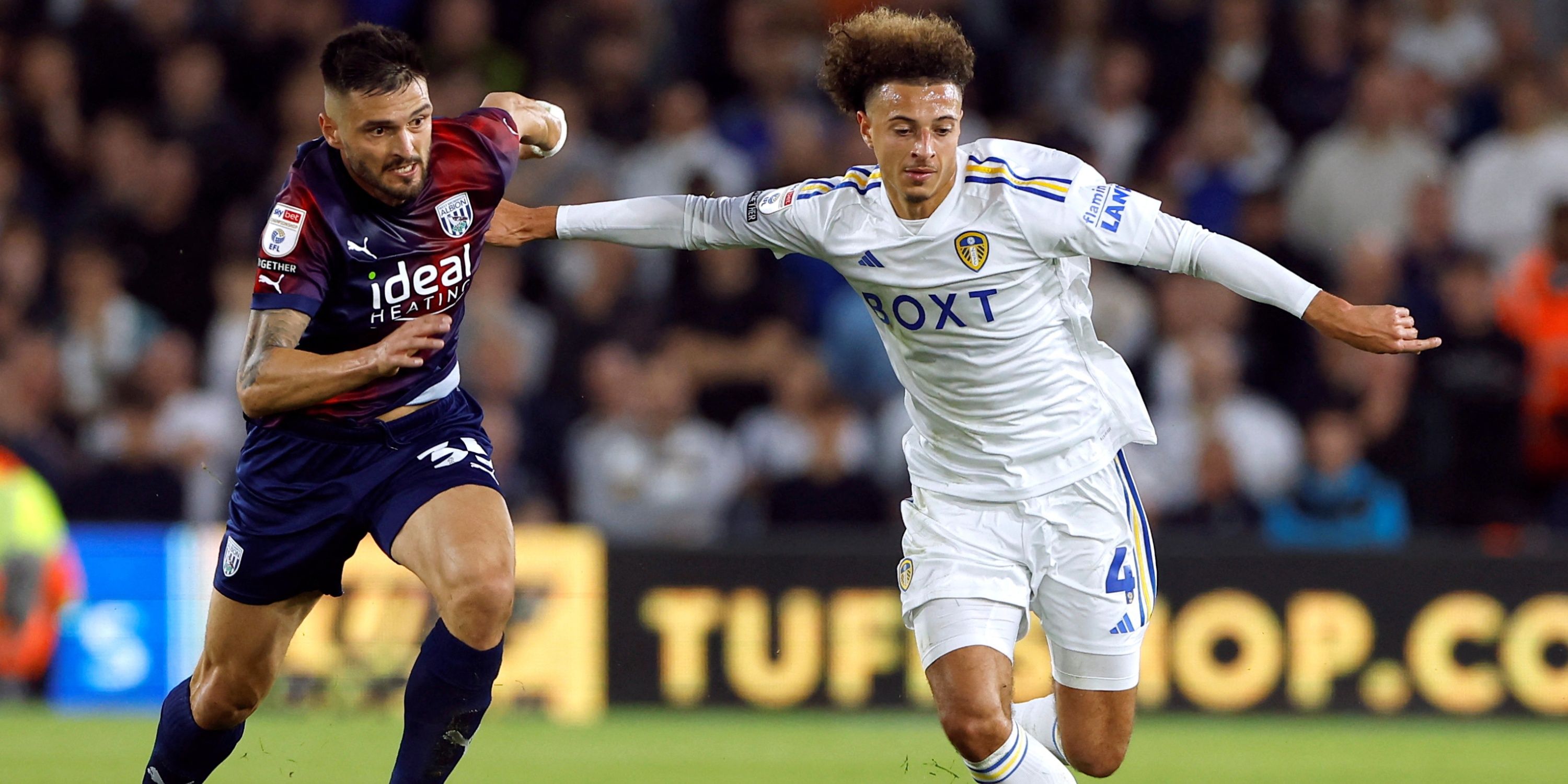 West Bromwich Albion's Okay Yokuslu in action with Leeds United's Ethan Ampadu