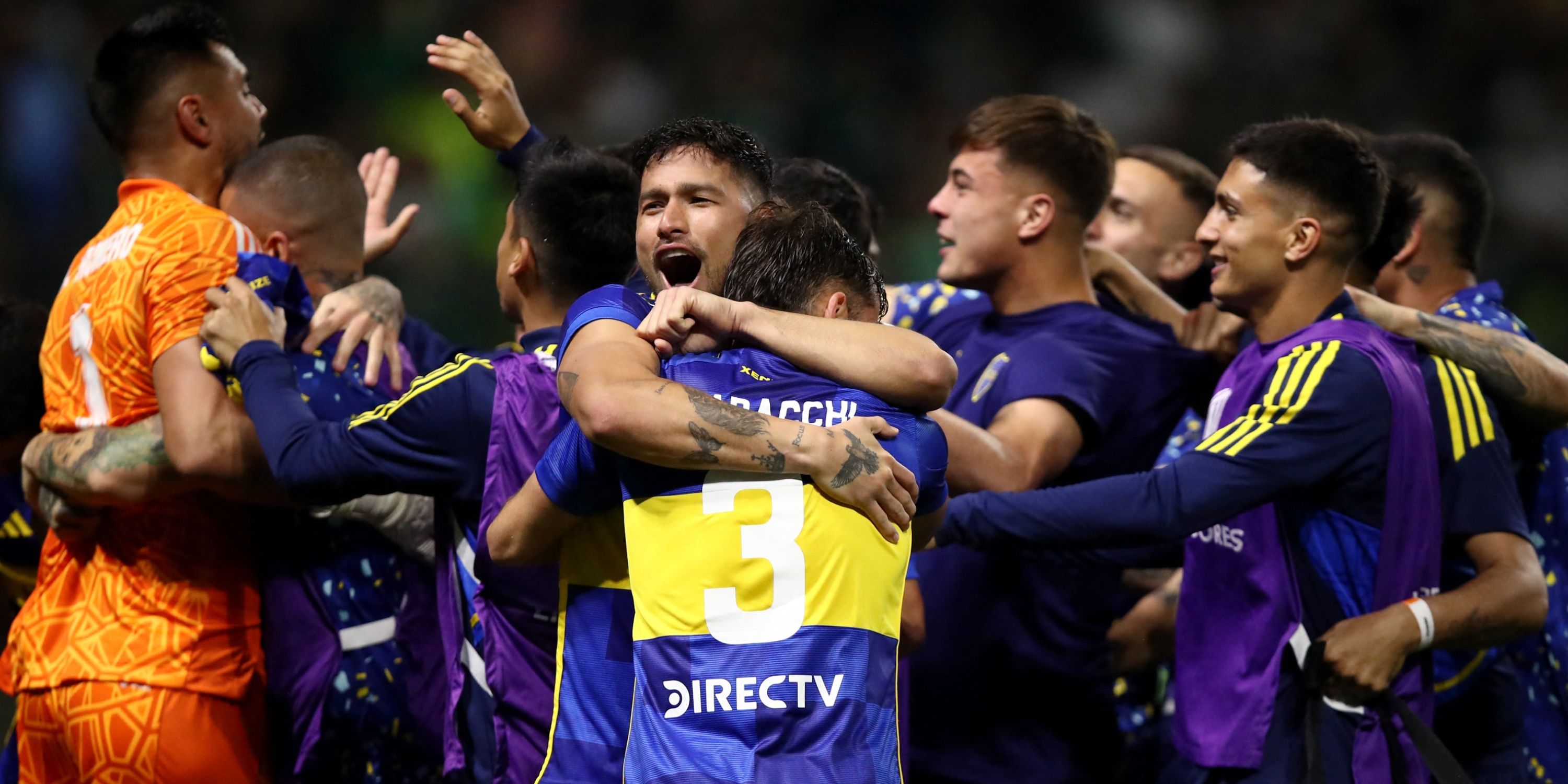 Boca Juniors' Marcelo Saracchi celebrates with teammates