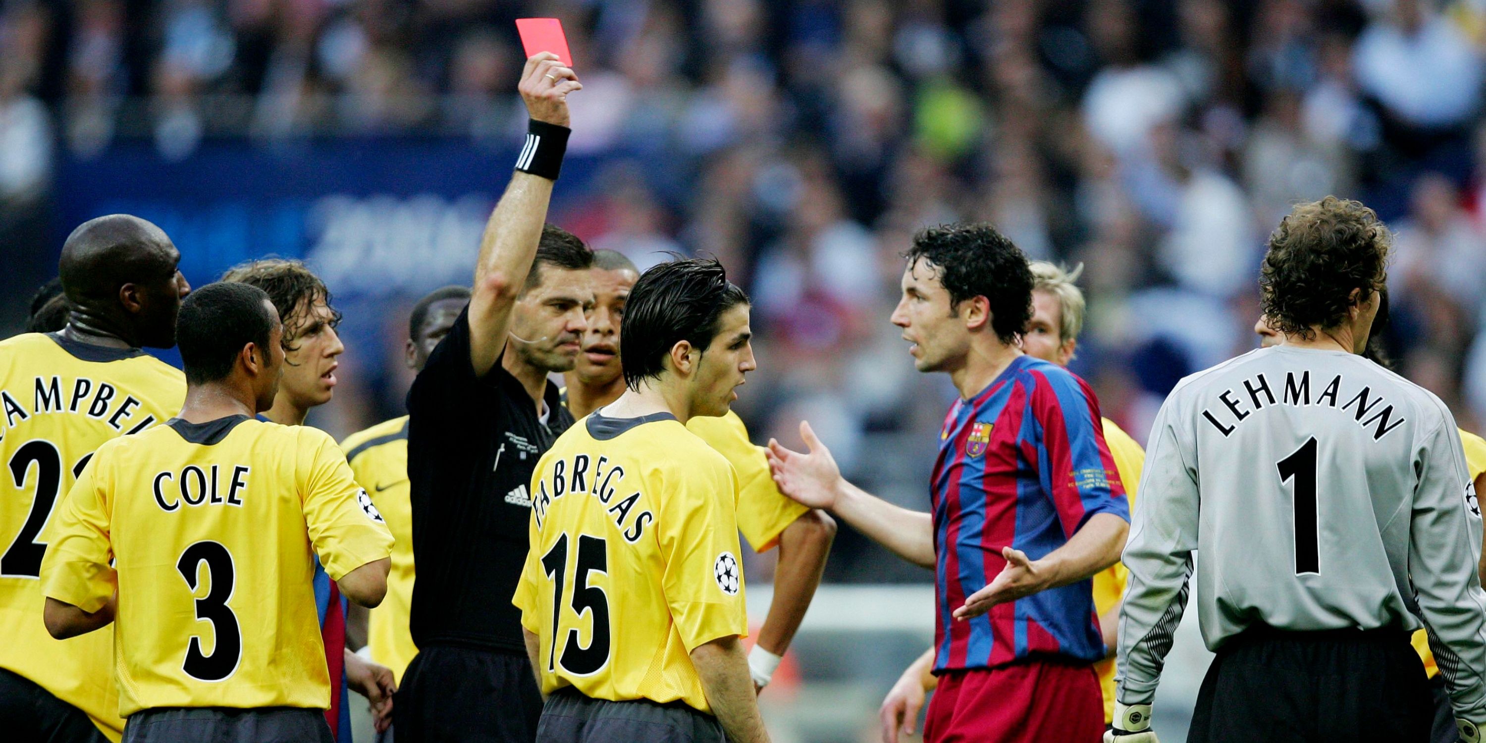 Jens Lehmann is shown a red card in the 2006 Champions League final between Arsenal and Barcelona