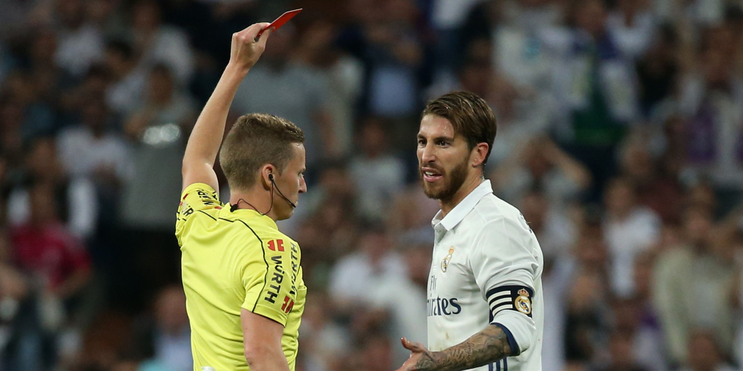 Sergio Ramos is shown a red card for Real Madrid
