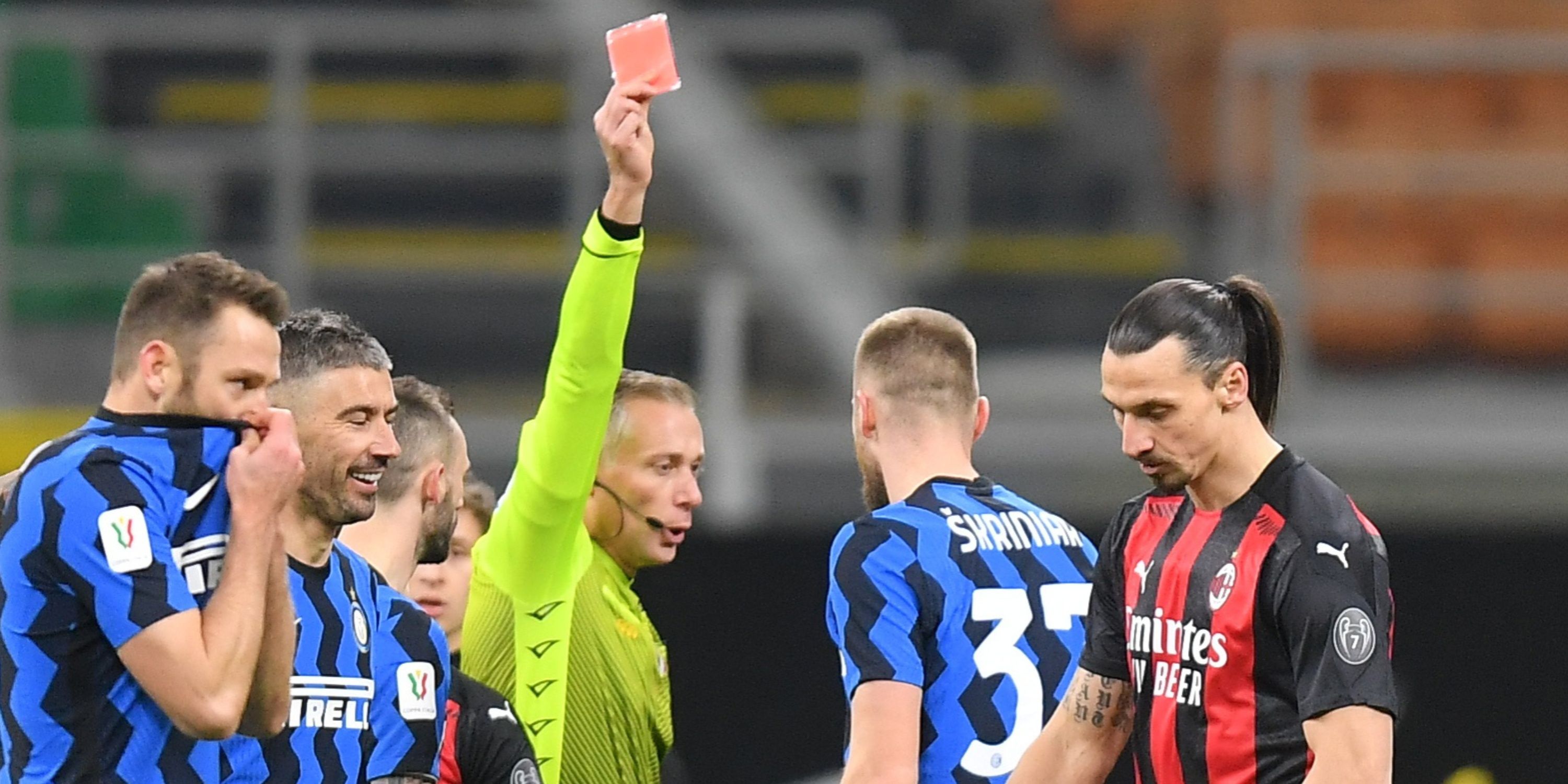 Zlatan Ibrahimovic is shown a red card for AC Milan vs Inter Milan