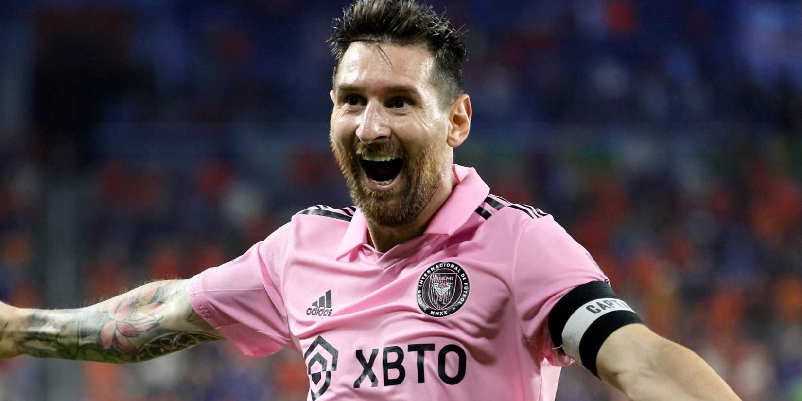 Lionel Messi celebrates scoring for Inter Miami