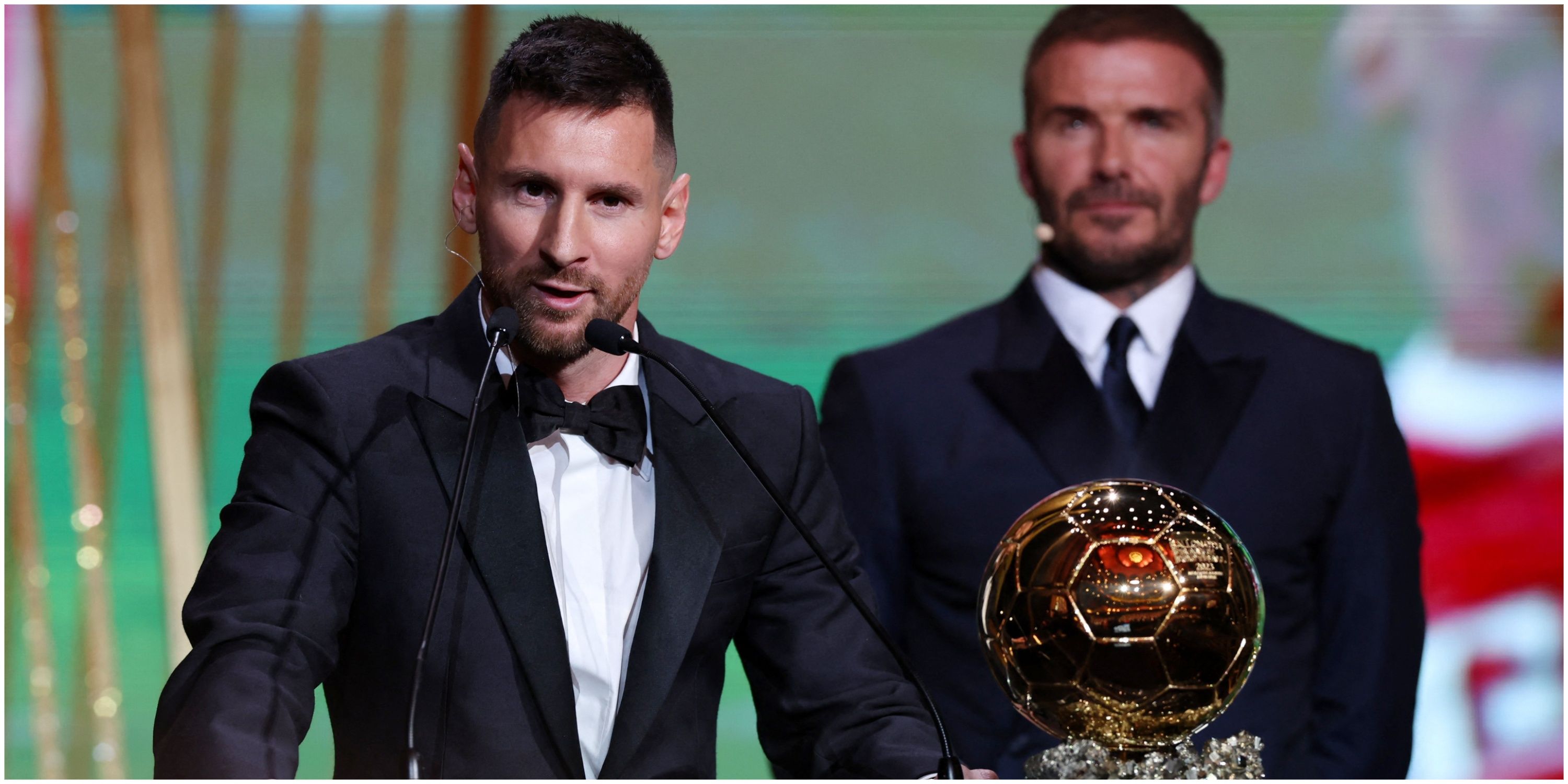 Inter Miami's Lionel Messi after being awarded the men's Ballon d'Or by co owner David Beckham