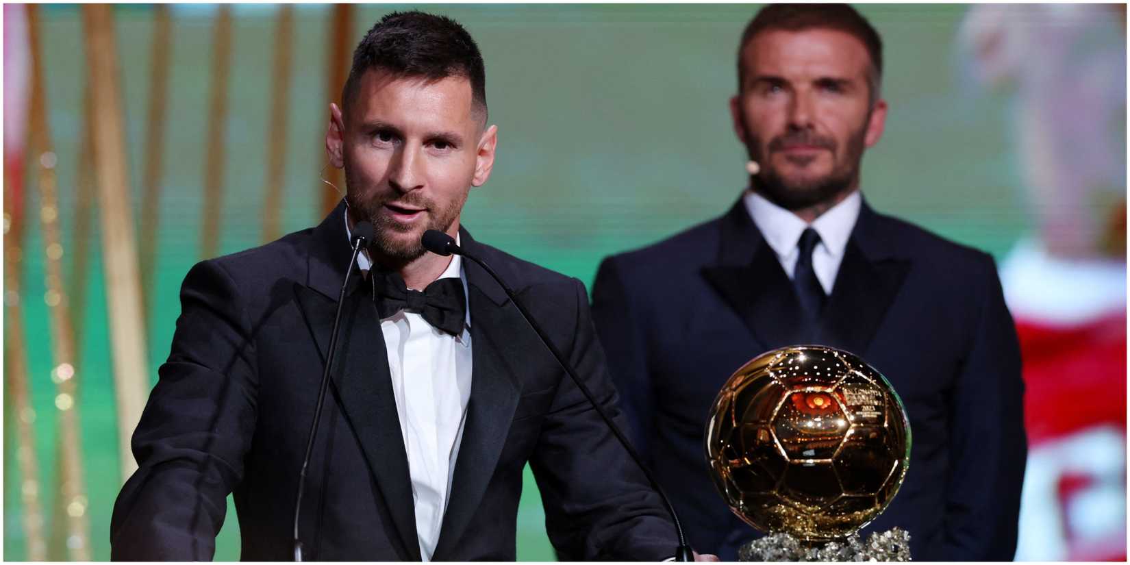Inter Miami's Lionel Messi after being awarded the men's Ballon d'Or by co owner David Beckham