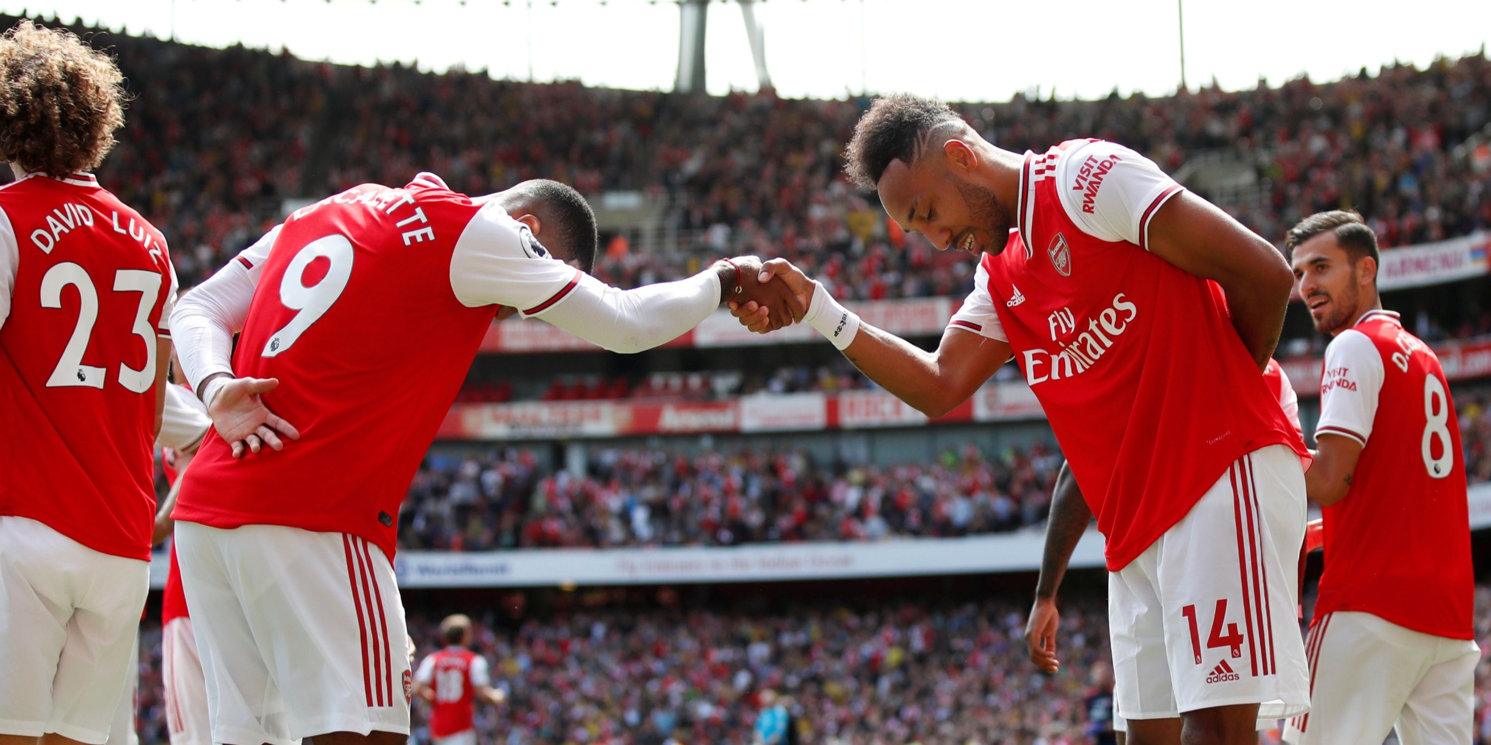 Former Arsenal stars Alexandre Lacazette and Pierre-Emerick Aubameyang celebrating scoring a goal