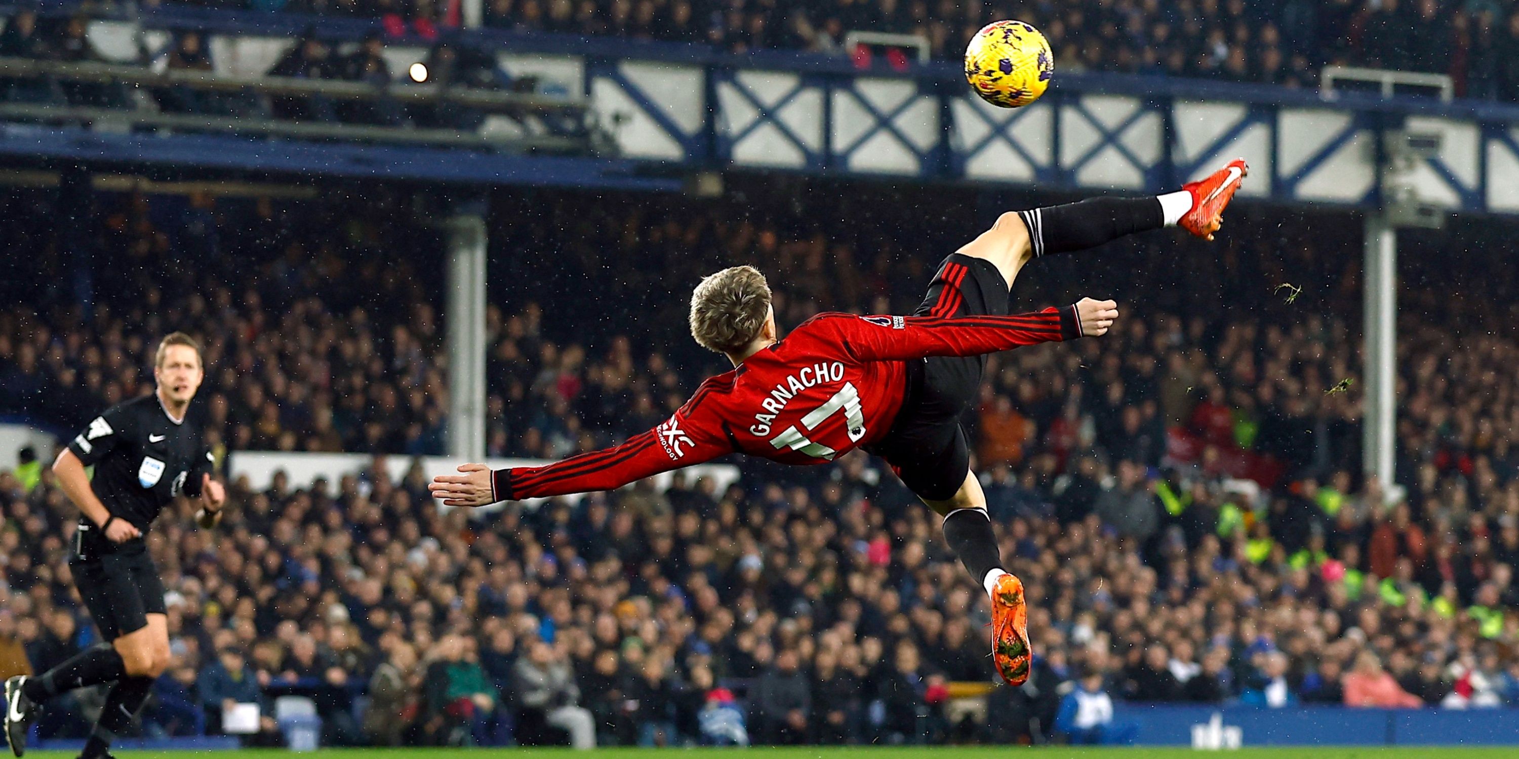 Alejandro Garnacho strikes a tremendous overhead kick against Everton. 