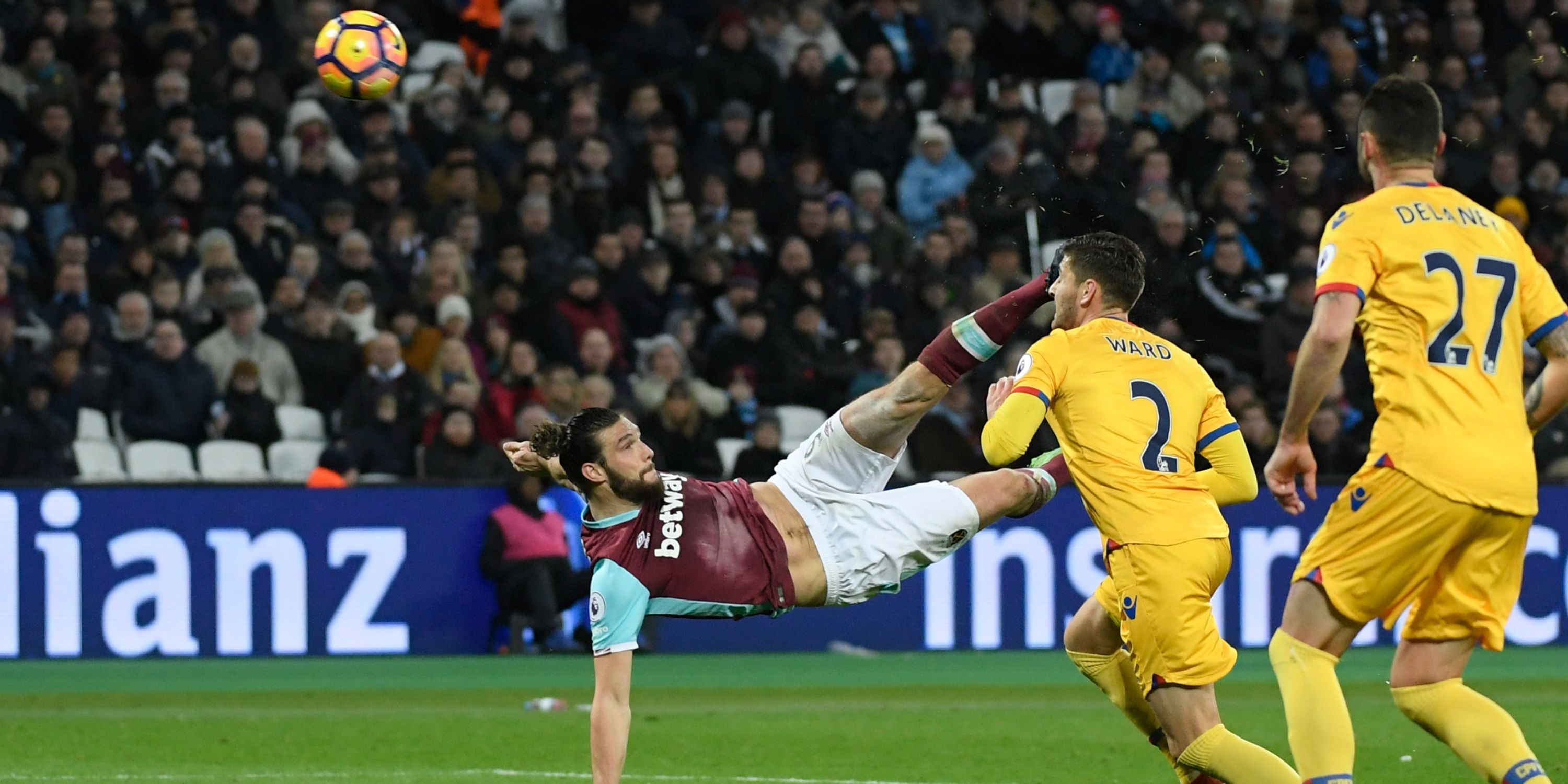 West Ham's Andy Carroll scores an overhead kick against Crystal Palace. 