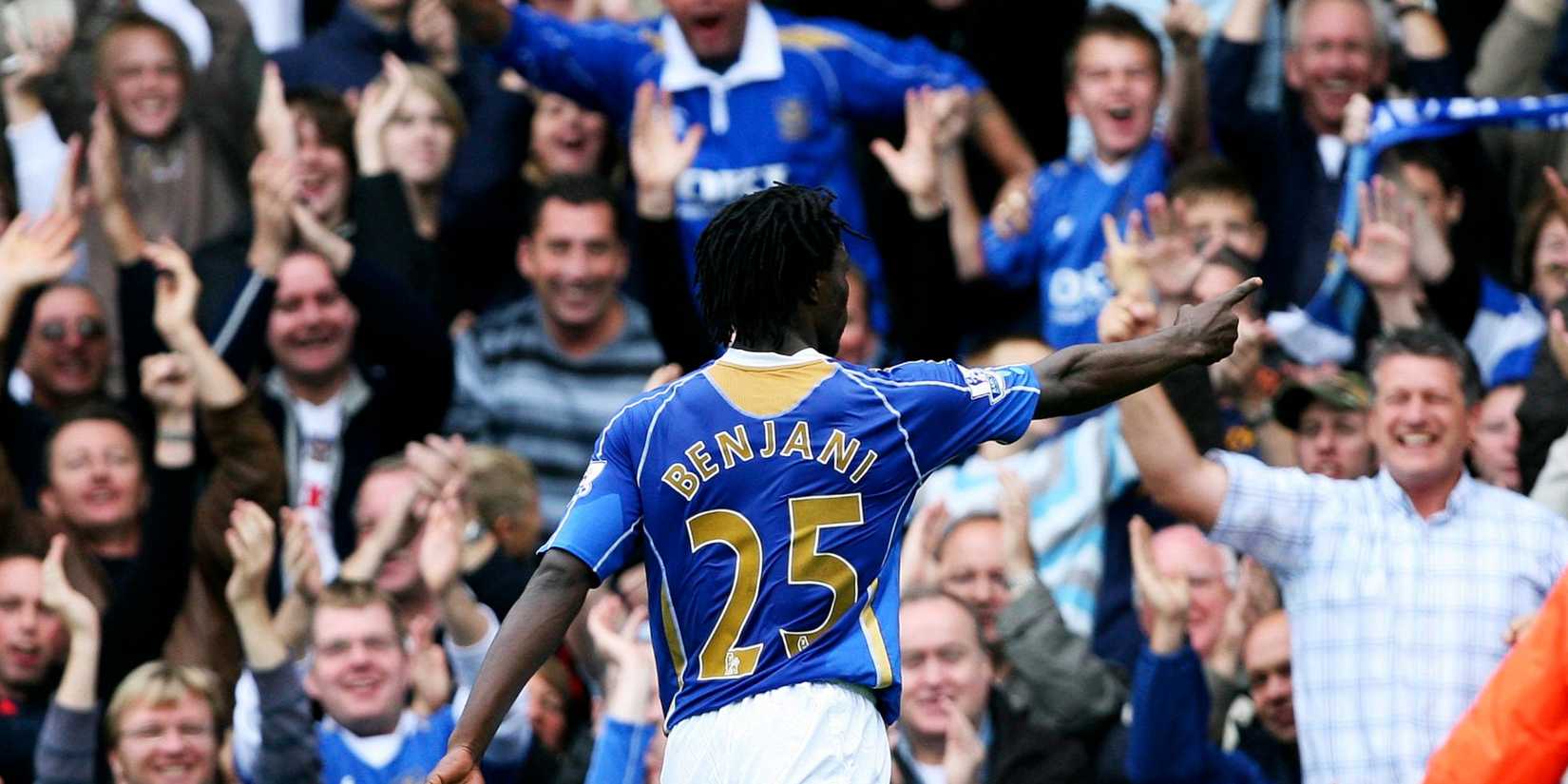 Benjani celebrates scoring in front of the Portsmouth supporters. 