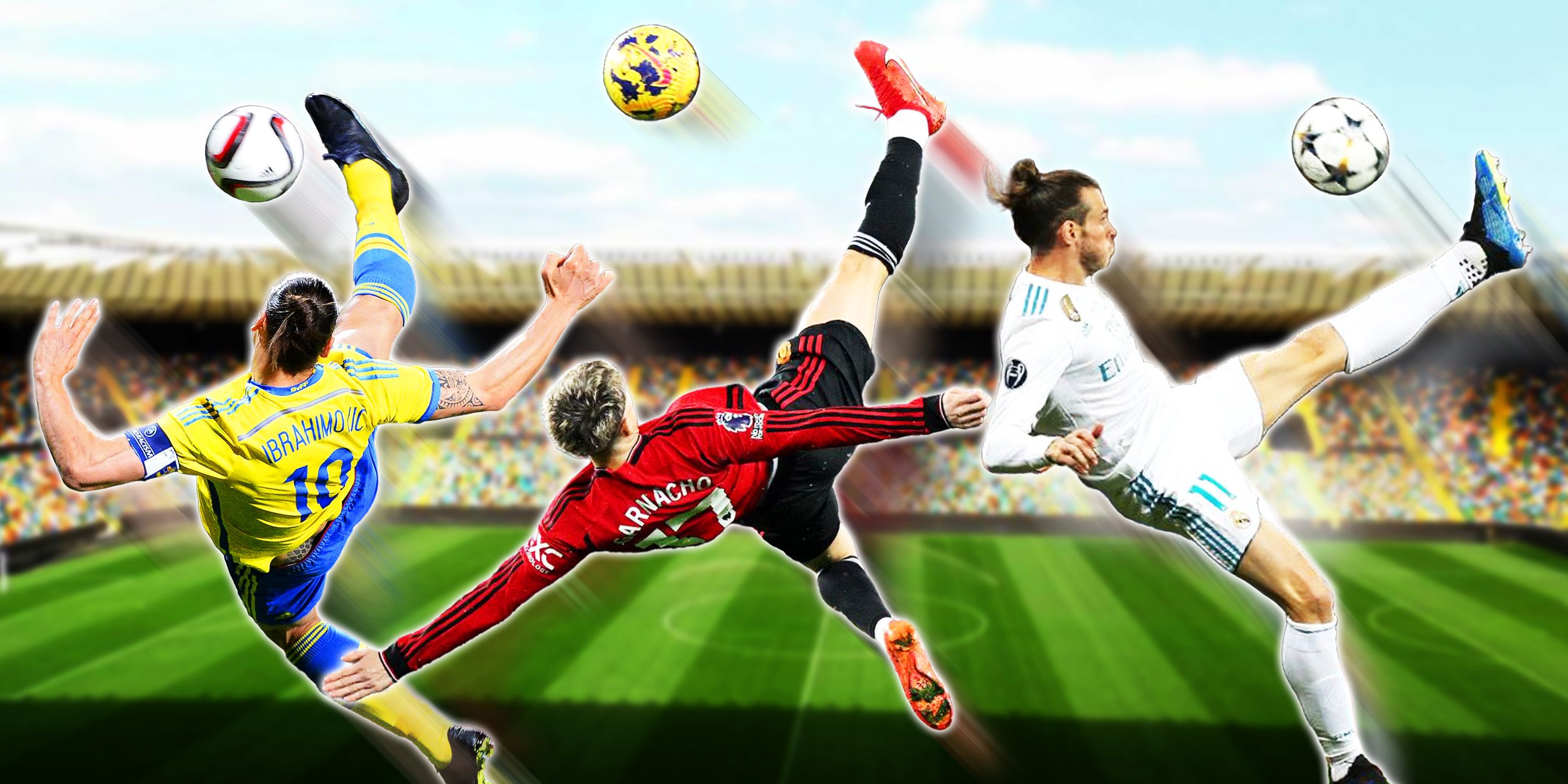A collage of bicycle kicks in football.