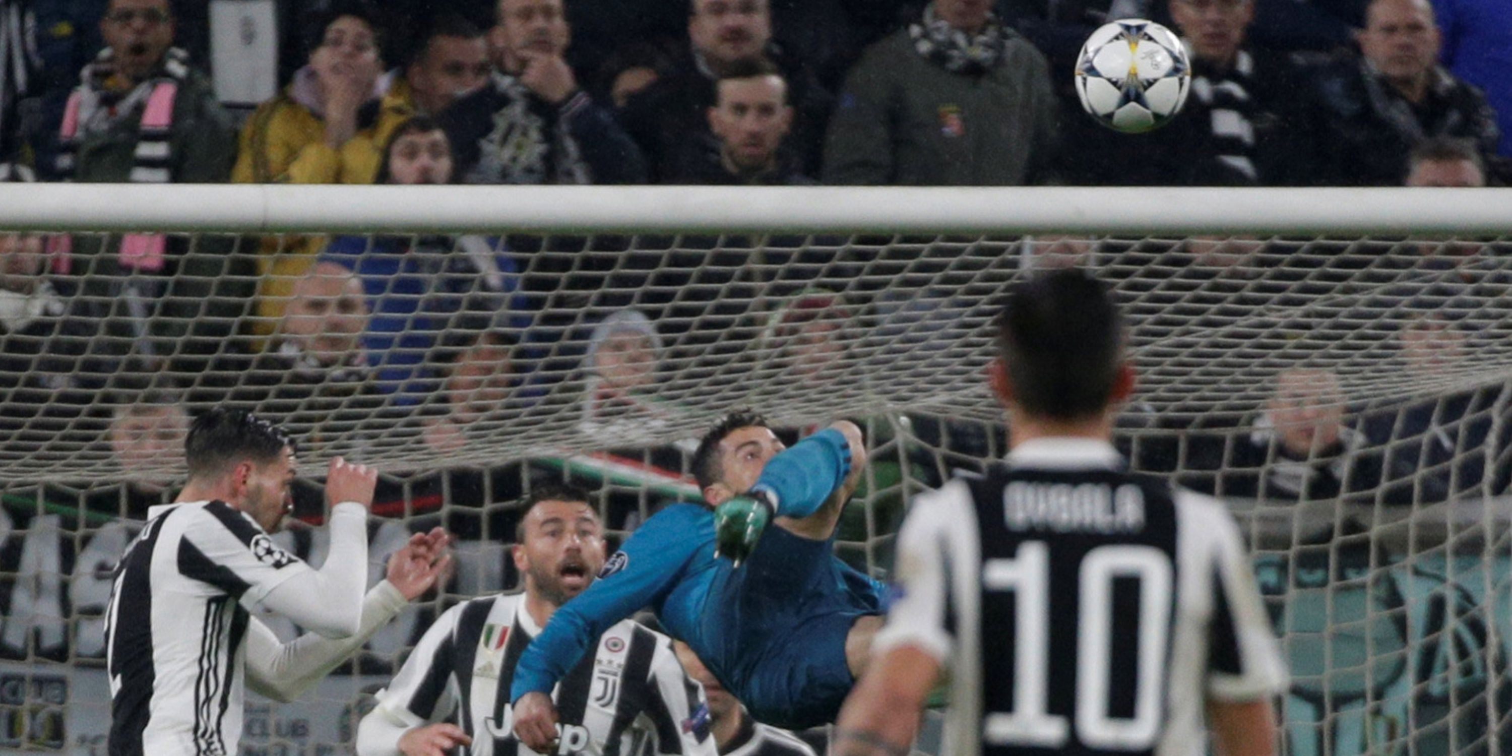 Real Madrid's Cristiano Ronaldo strikes an overhead kick against Juventus. 