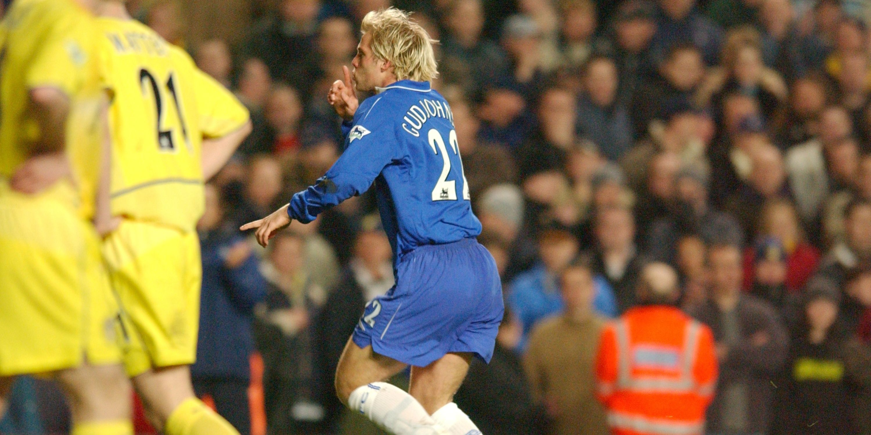 Chelsea's Eidur Gudjohnsen celebrates scoring against Leeds United. 