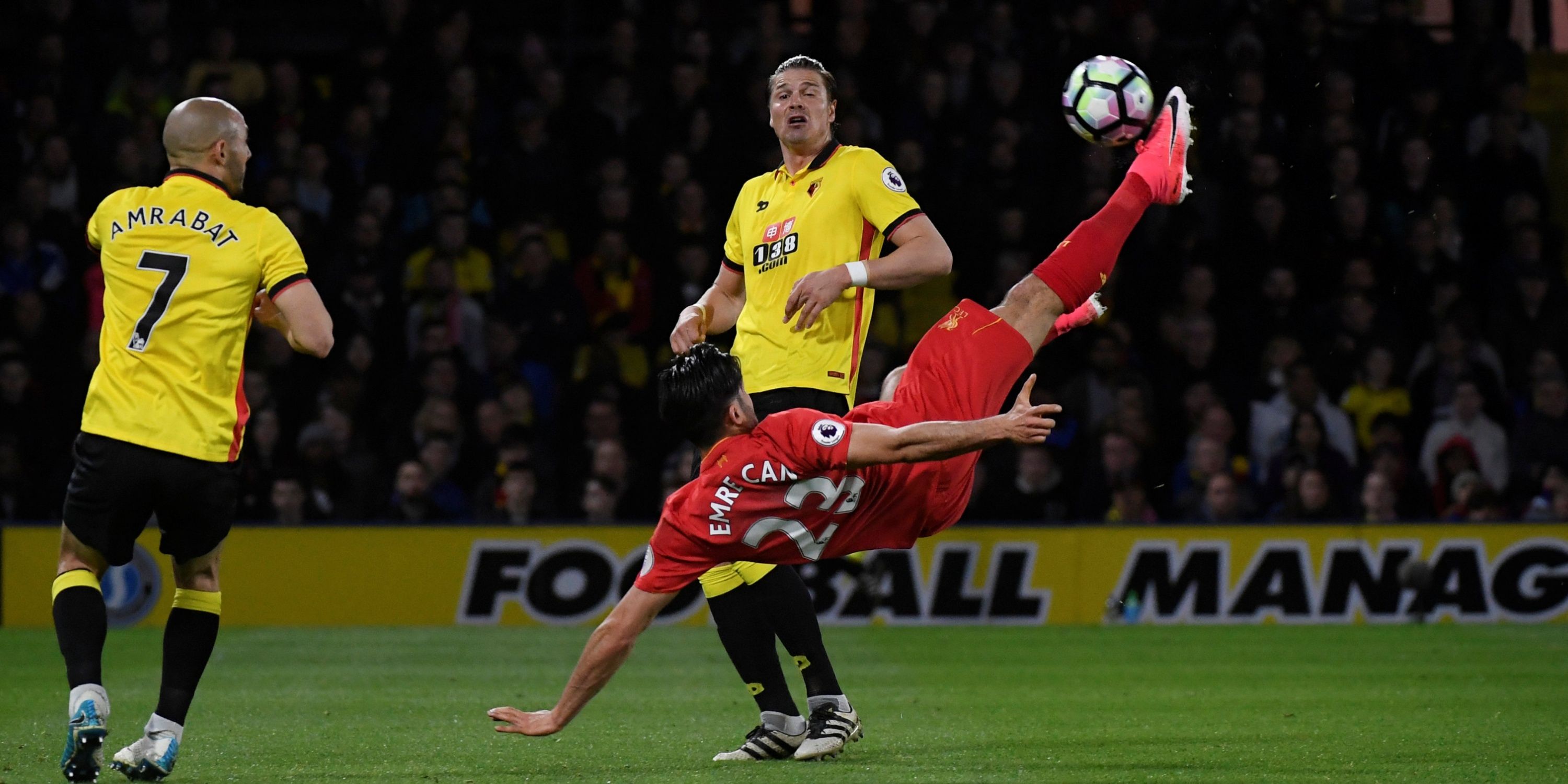 Liverpool's Emre Can scores an overehead kick against Watford. 