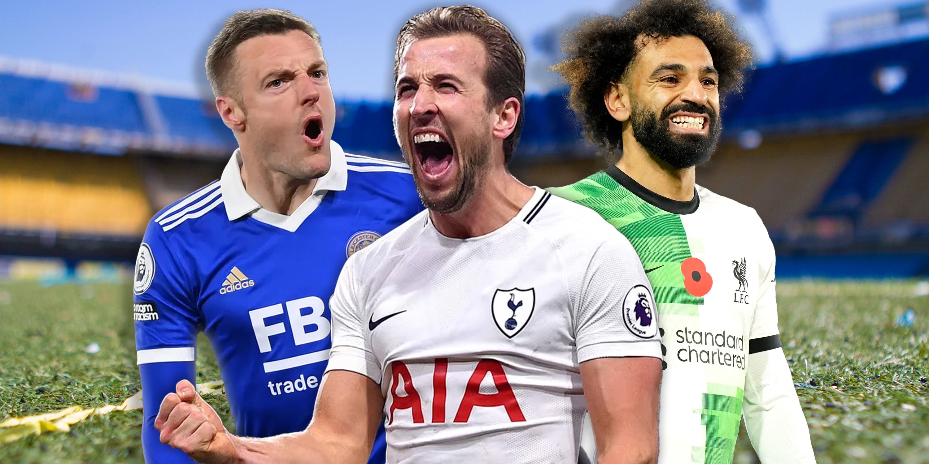 Premier League collage featuring Jamie Vardy, Harry Kane and Mohamed Salah.