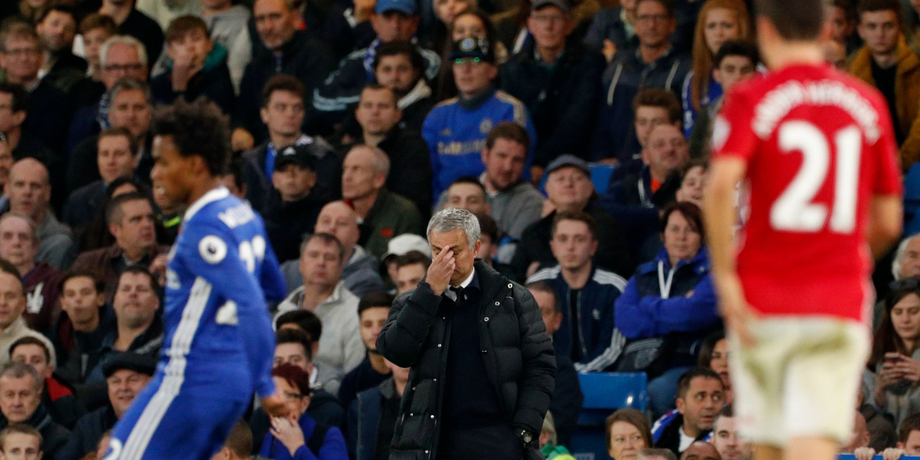 Manchester United manager Jose Mourinho looks frustrated on the touchline at Stamford Bridge.