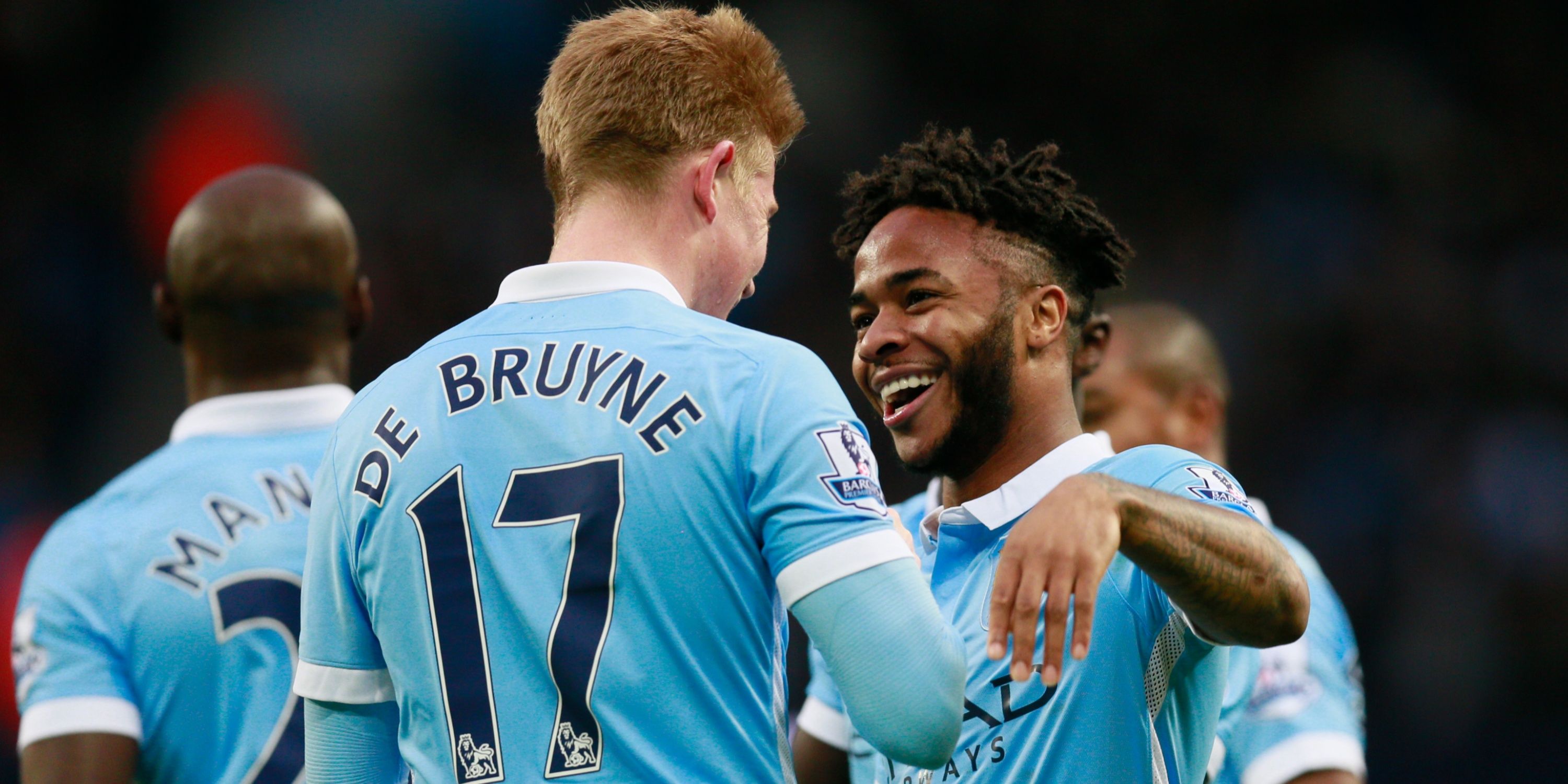 Manchester City pair Kevin de Bruyne and Raheem Sterling congratulate each other after a goal. 