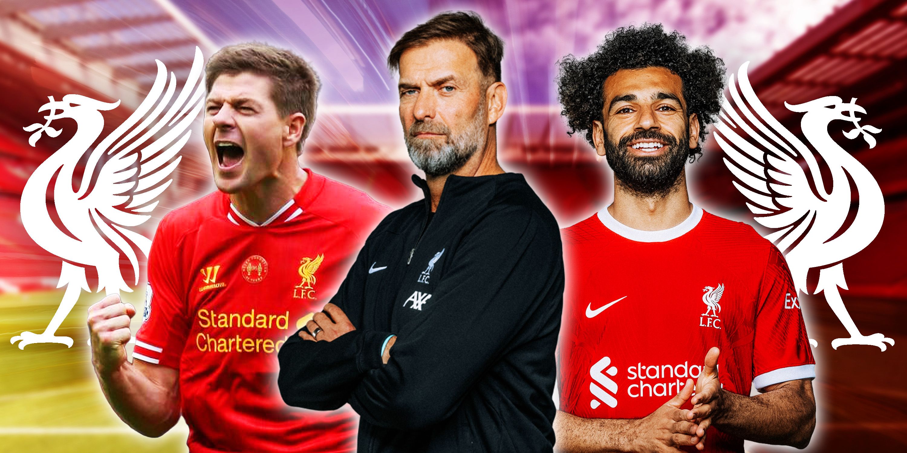 Collage featuring Steven Gerrard, Jurgen Klopp and Mohamed Salah.