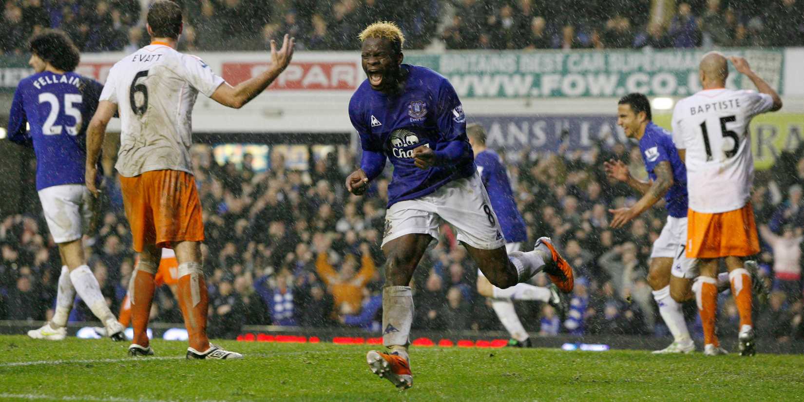 Everton's Louis Saha celebrates scoring against Blackpool. 