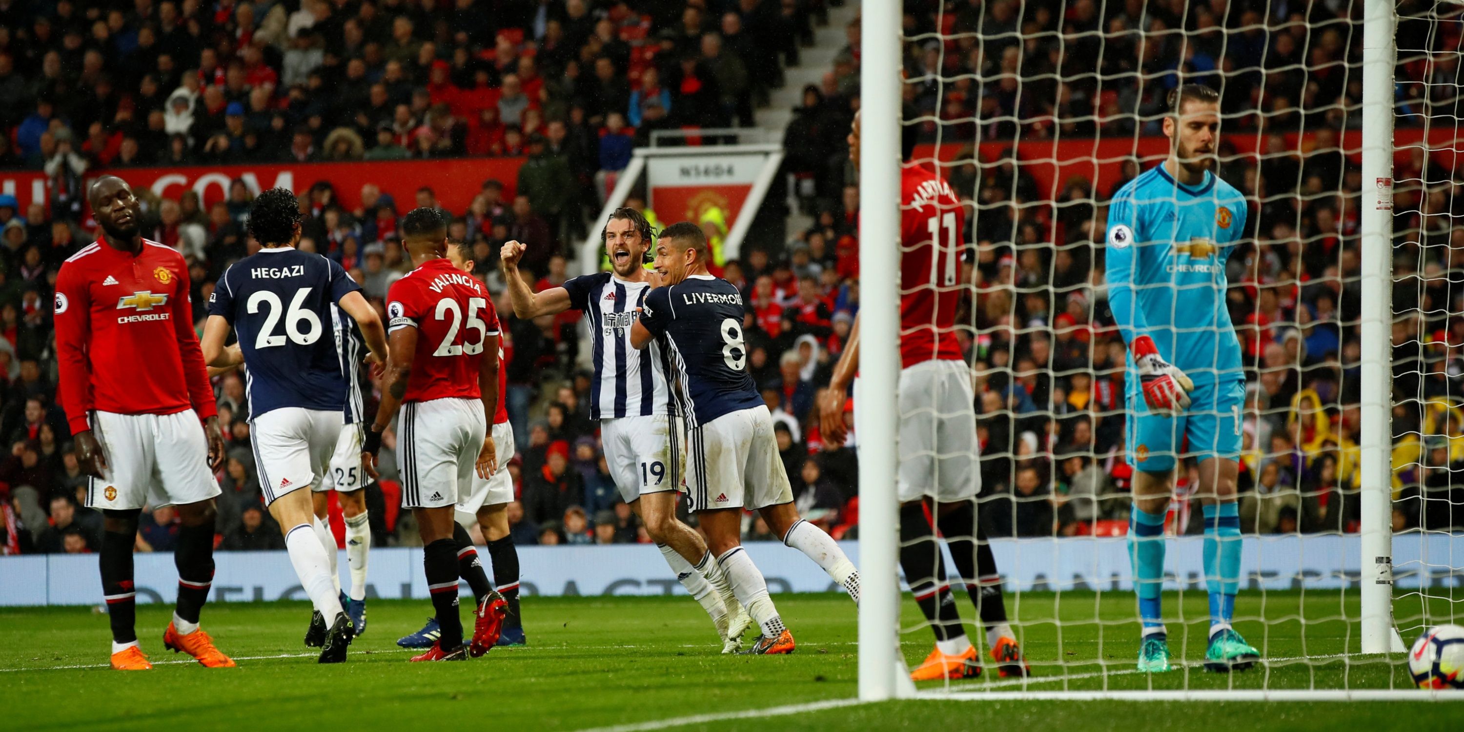 West Brom pair Jay Rodriguez and Jake Livermore celebrate the former scoring at Old Trafford.