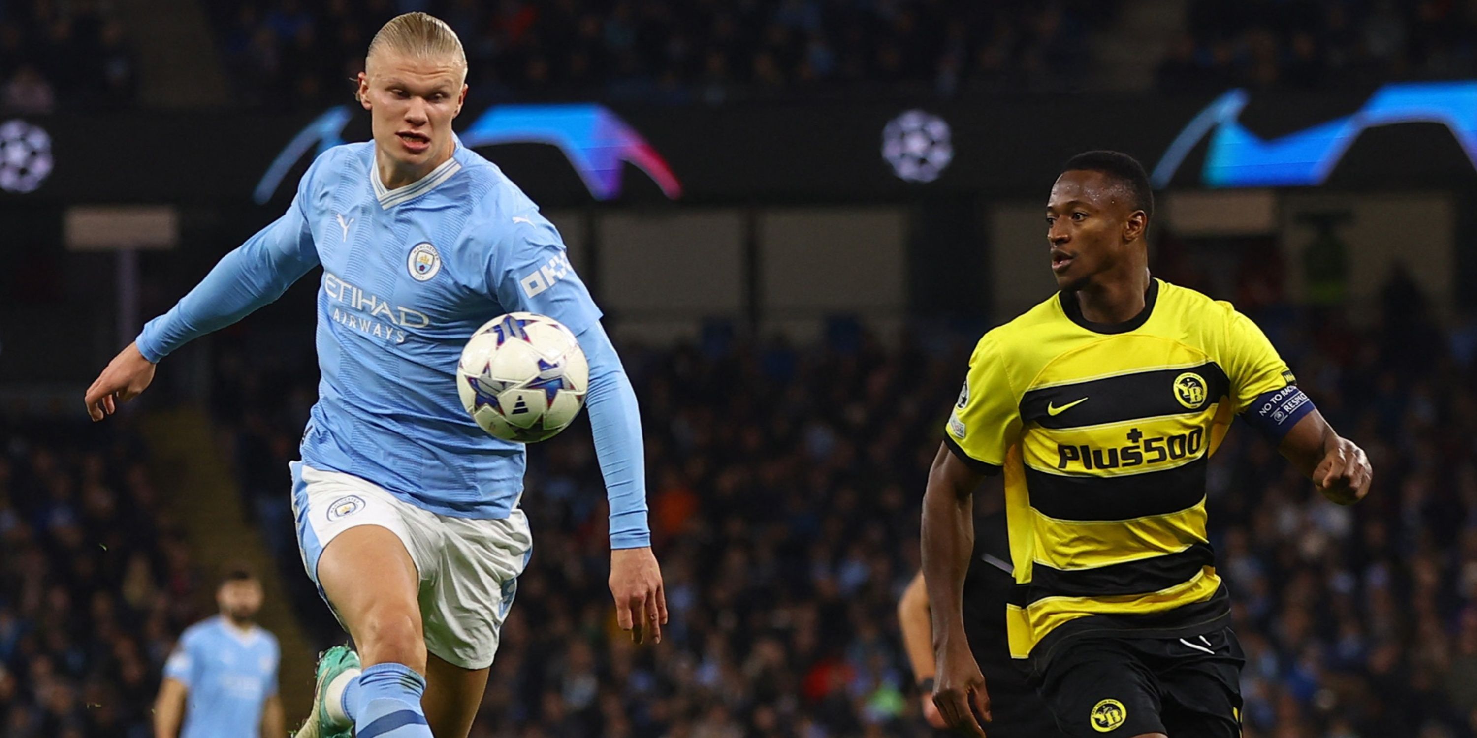 Erling Haaland and Mohamed Ali Camara in Man City vs Young Boys