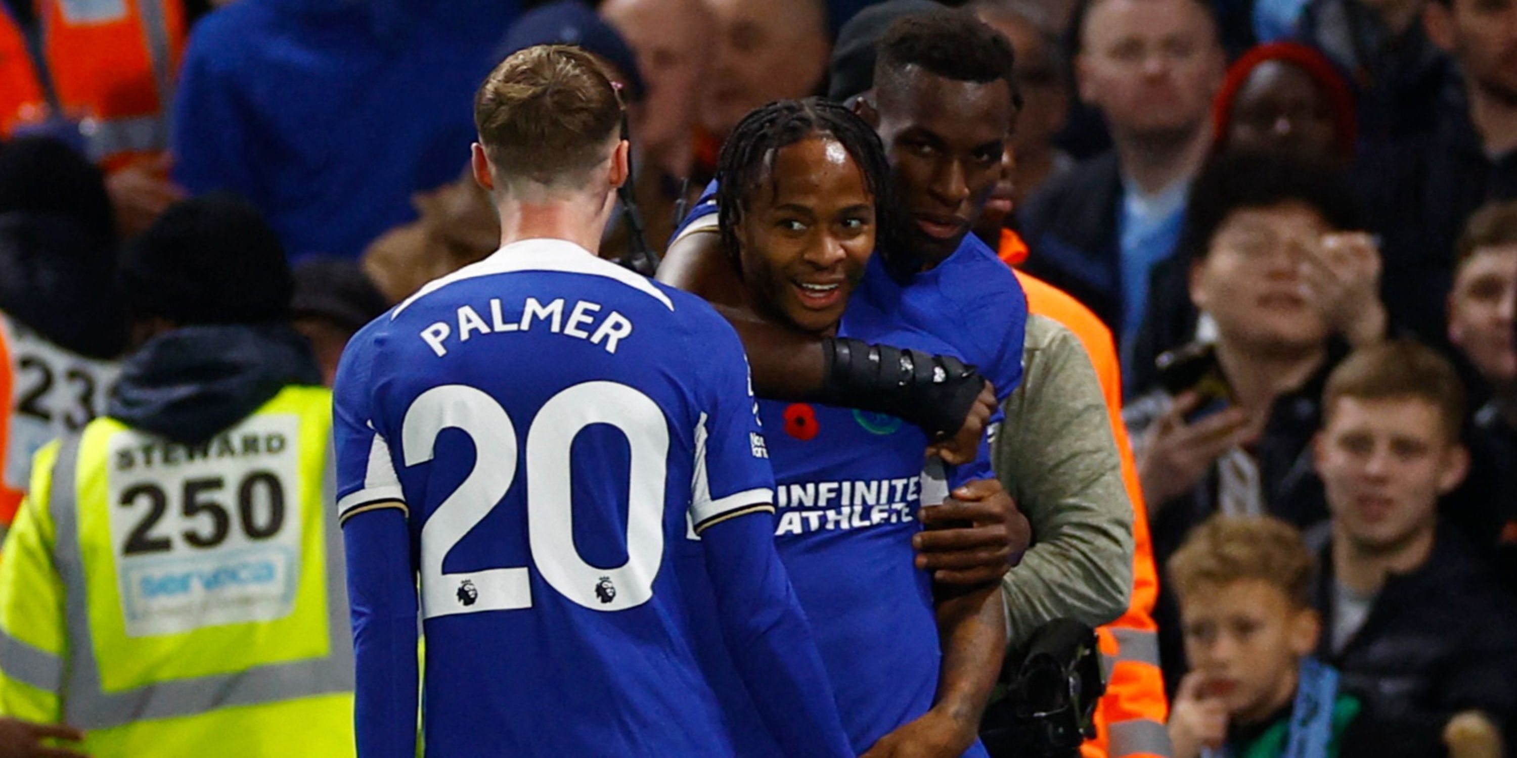 Cole Palmer celebrates for Chelsea alongside teammates Nicolas Jackson and Raheem Sterling.