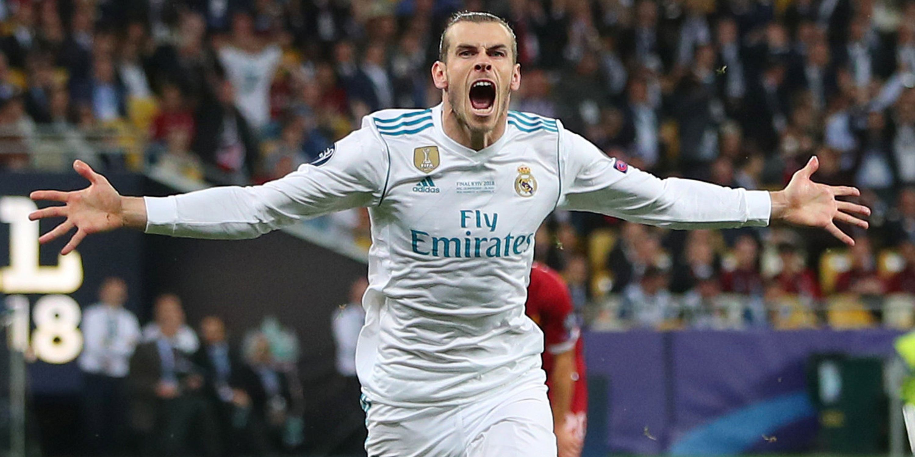 Gareth Bale of Real Madrid celebrates scoring his side's second goal during the UEFA Champions League Final between Real Madrid and Liverpool