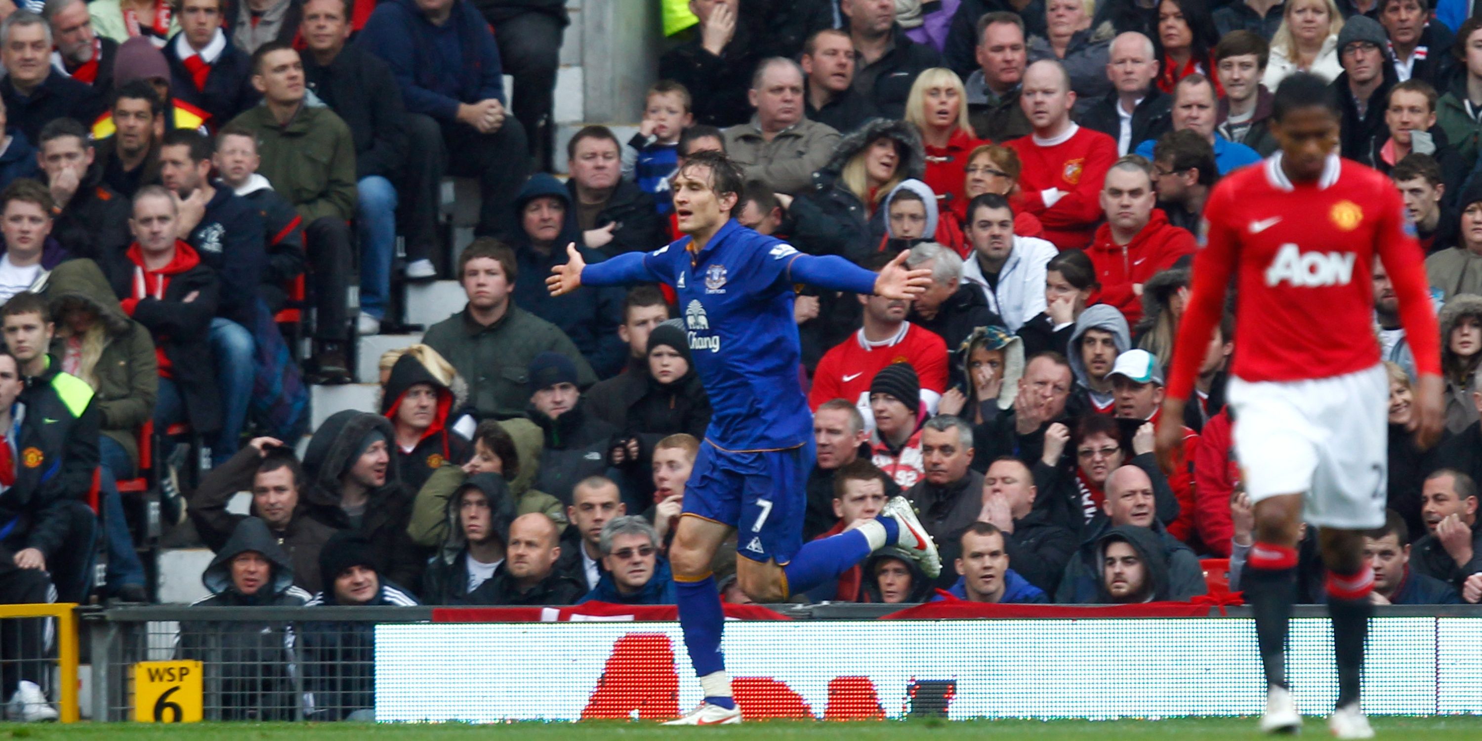 Everton's Nikica Jelavic celebrates scoring against Manchester United. 