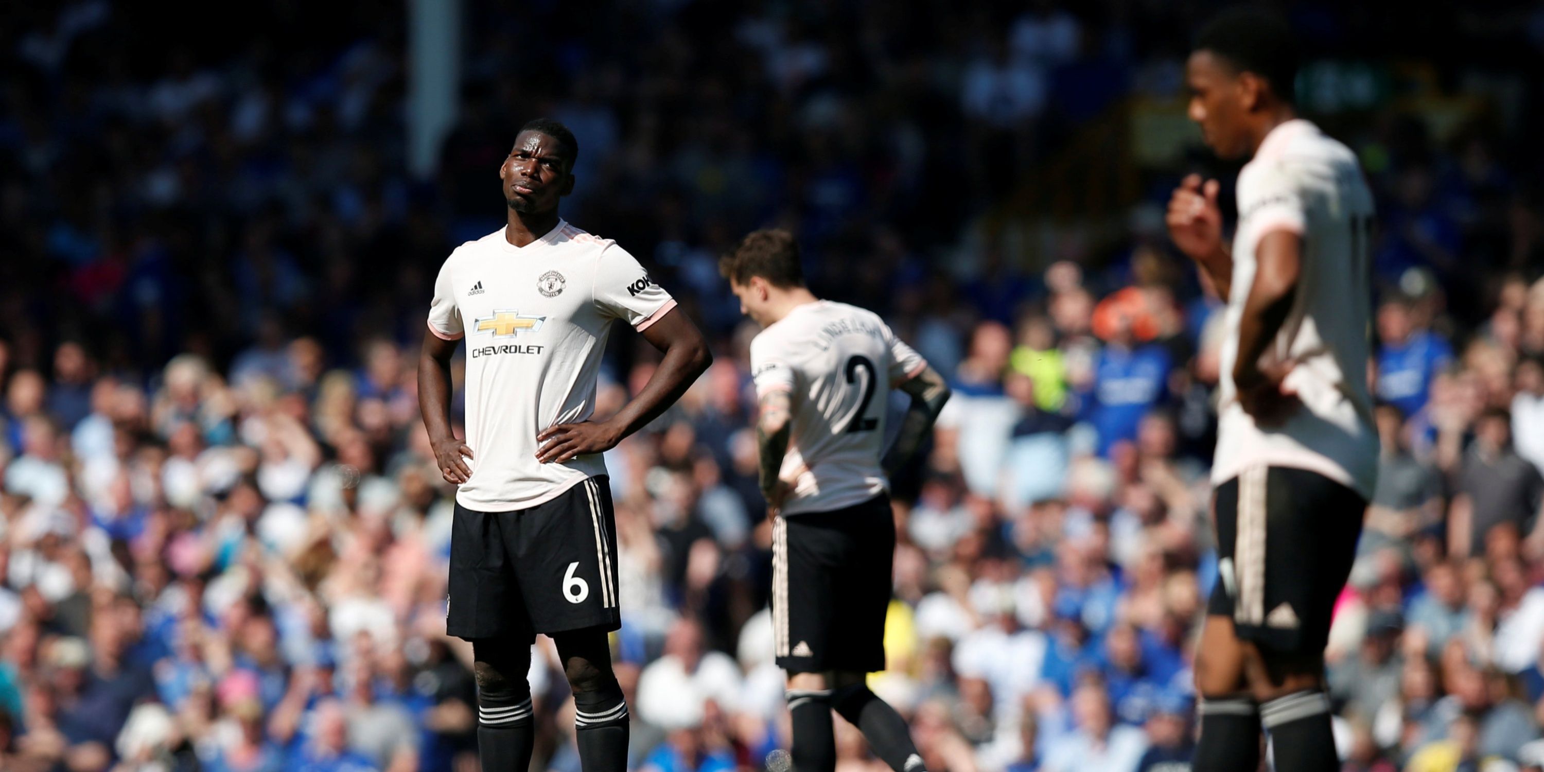 Manchester United players Paul Pogba, Anthony Martial and Victor Lindelof look frustrated after conceding to Everton.