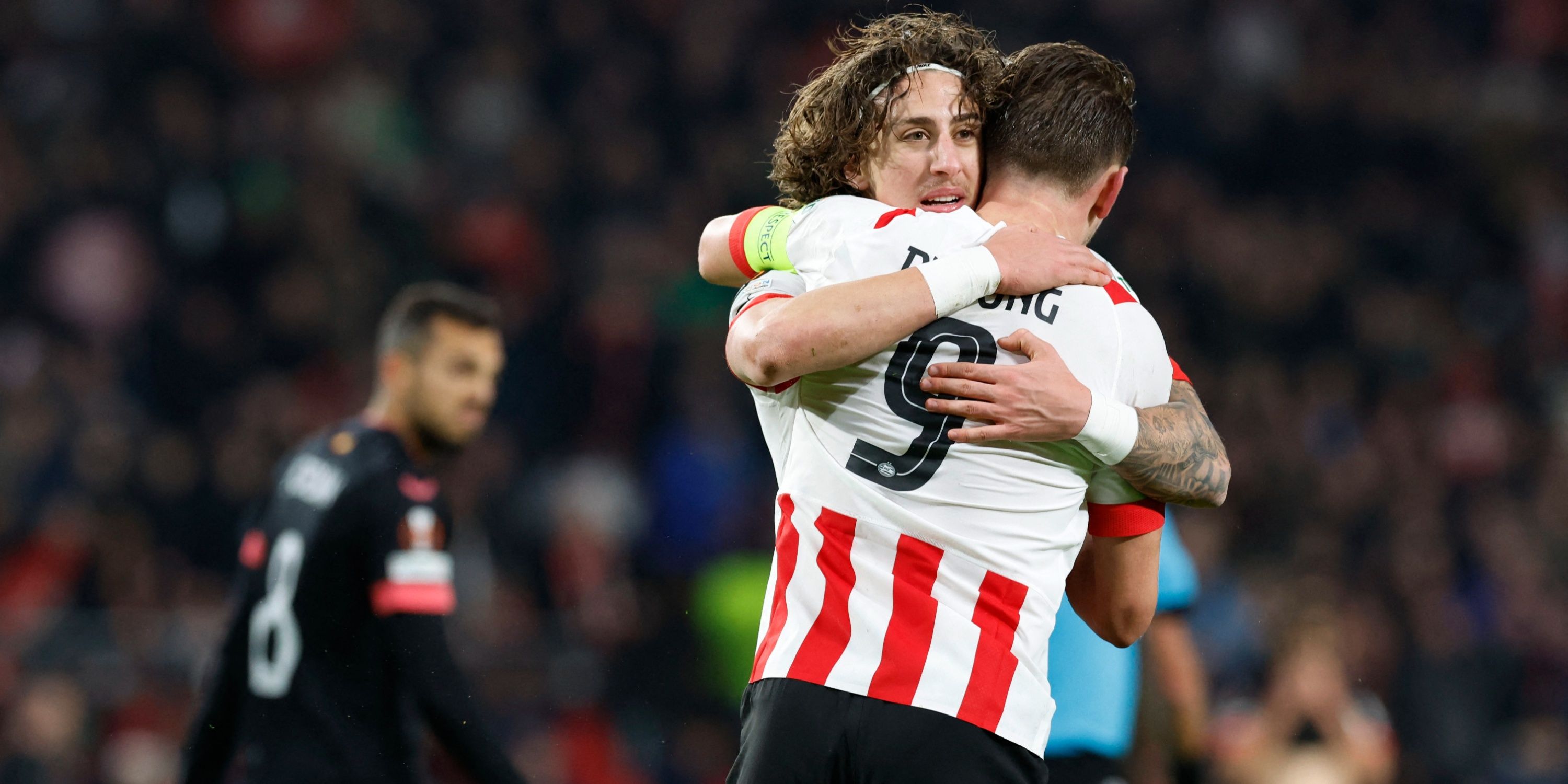 PSV Eindhoven's Luuk de Jong celebrates scoring a goal with Fabio Silva