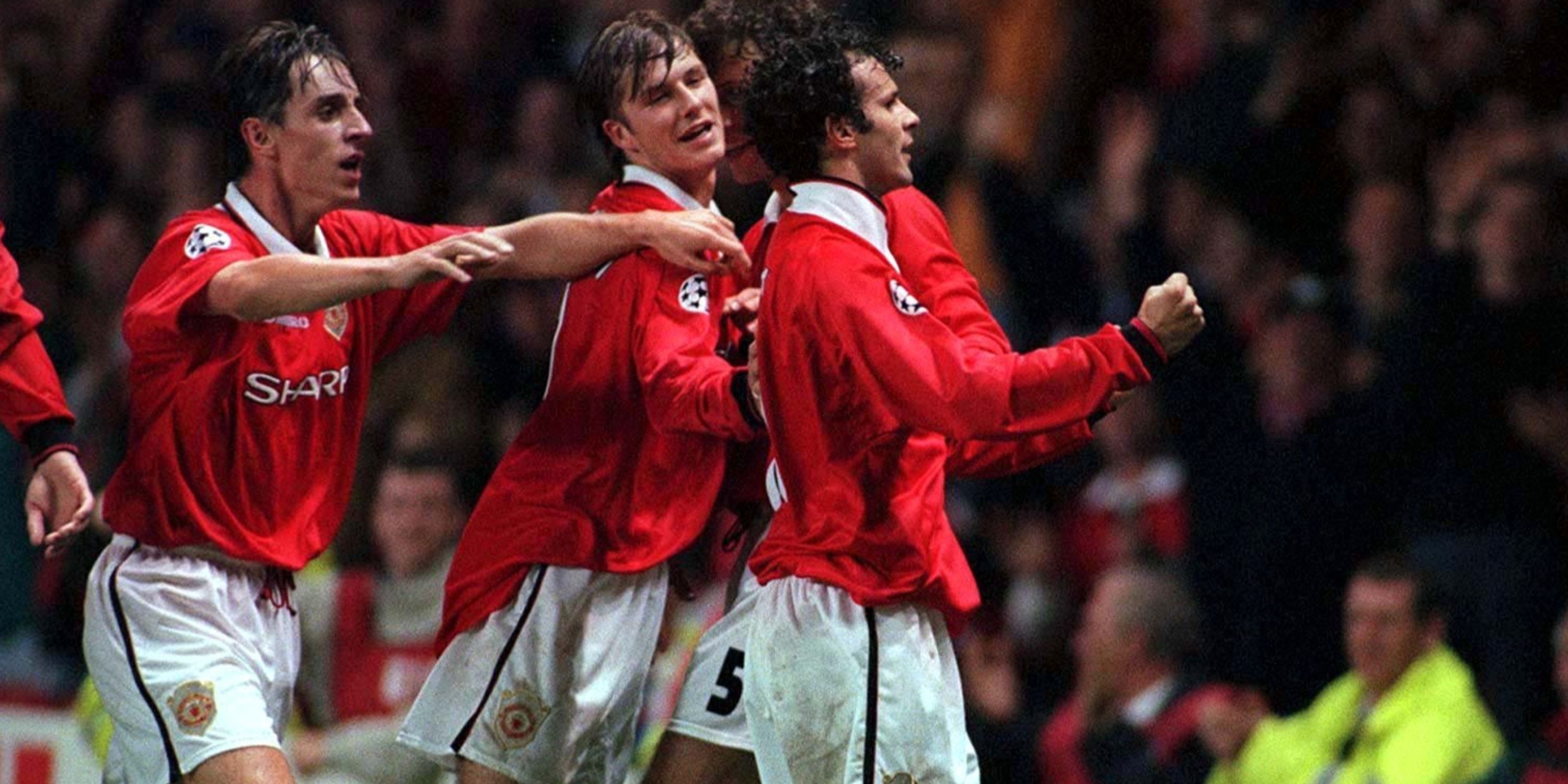 The Class of 92: Gary Neville, David Beckham and Ryan Giggs all celebrate a goal for Manchester United.