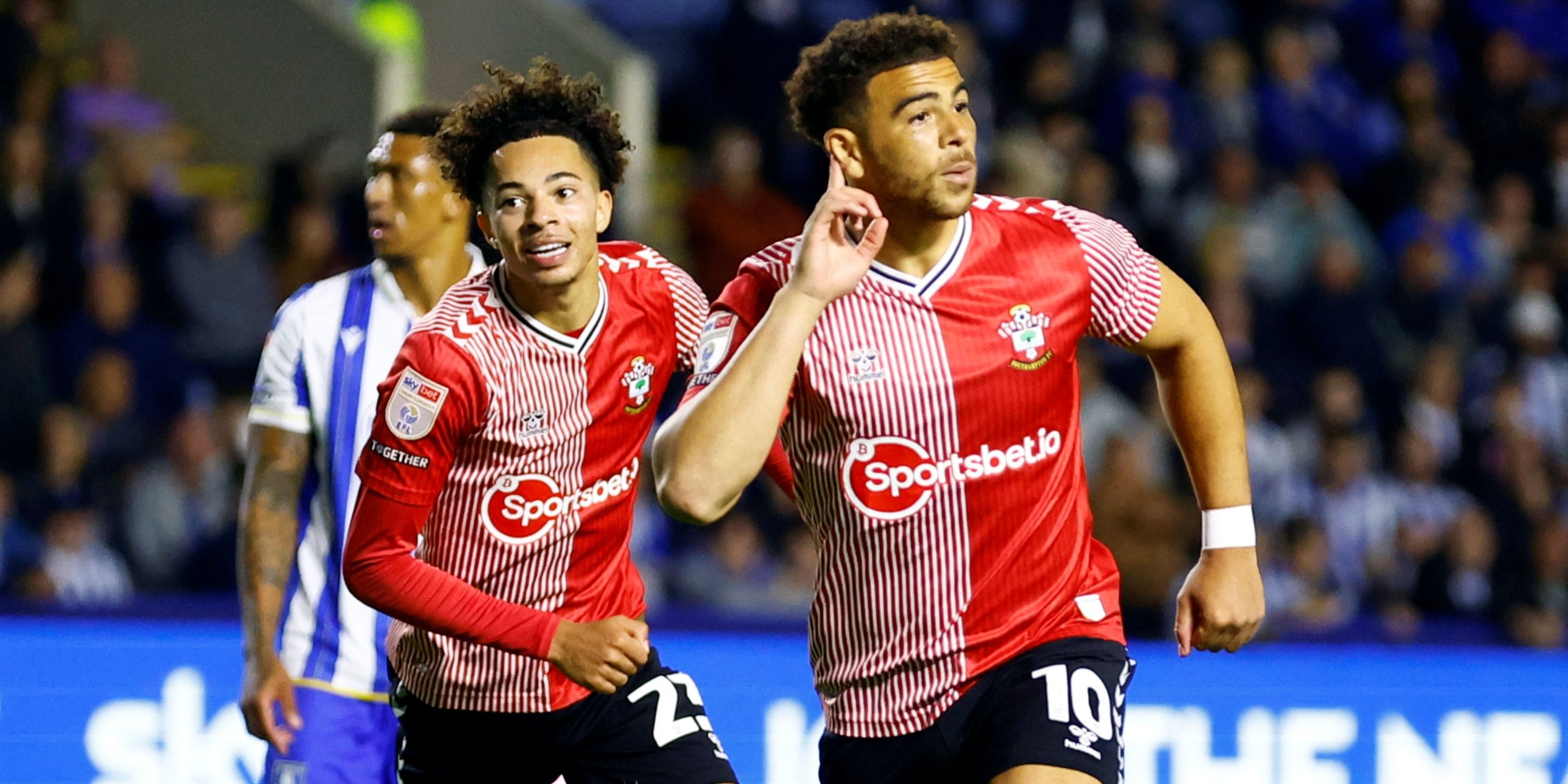 Southampton’s Che Adams celebrates scoring their second goal with Samuel Edozie