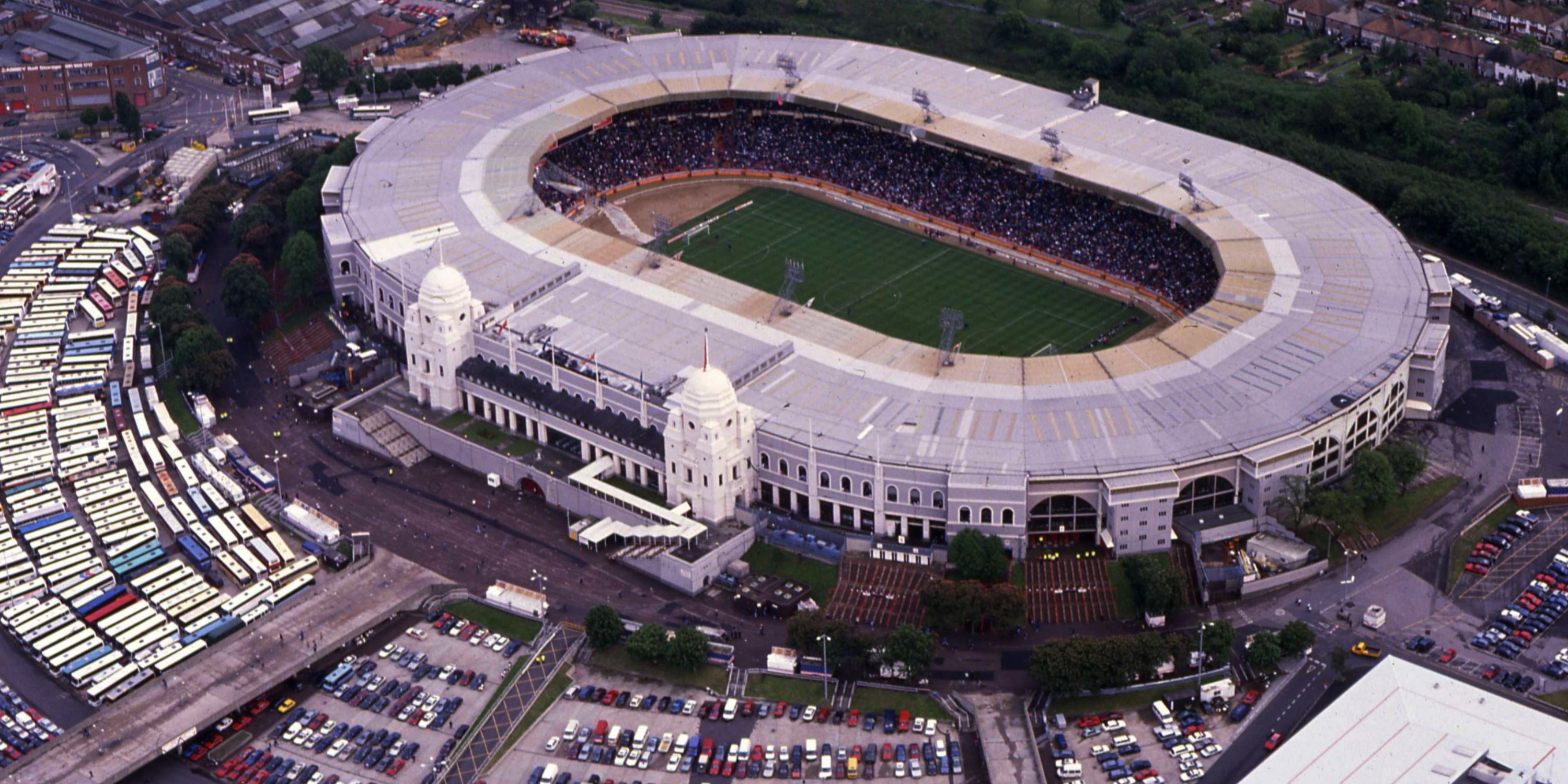 An aerial shot of the old Wembley Stadium. 