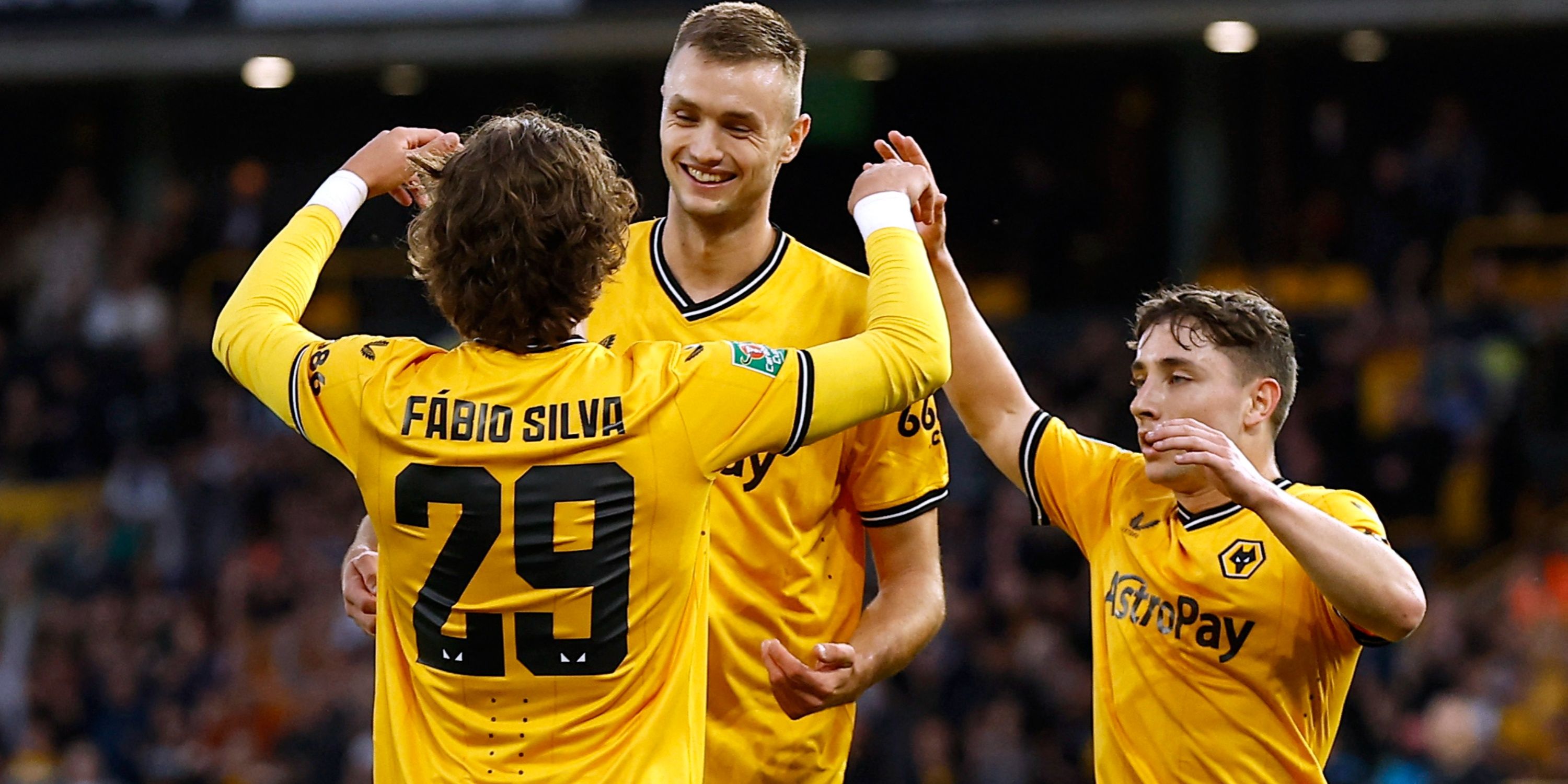 Wolverhampton Wanderers' Sasa Kalajdzic celebrates scoring with Fabio Silva and Joe Hodge