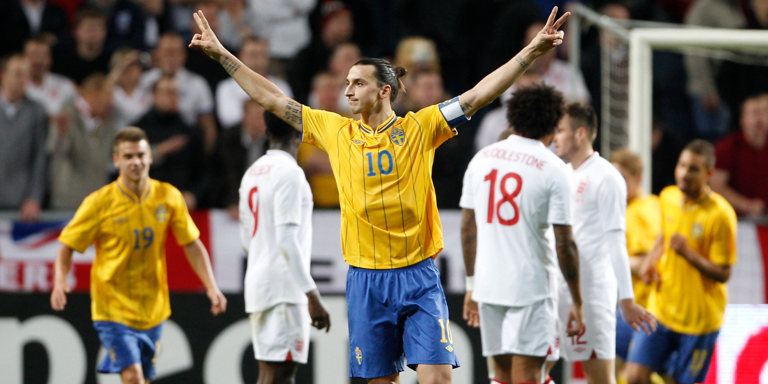 Sweden's Zlatan Ibrahimovic celebrates with his arms aloft after scoring against England.