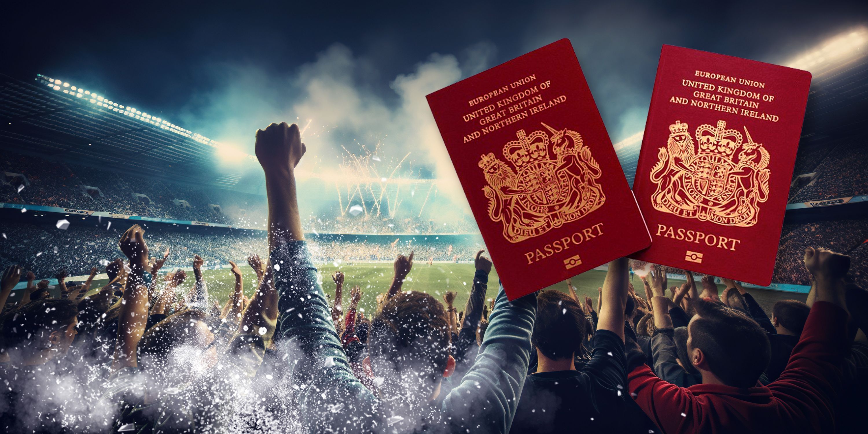 Collage of football fans and a British passport.