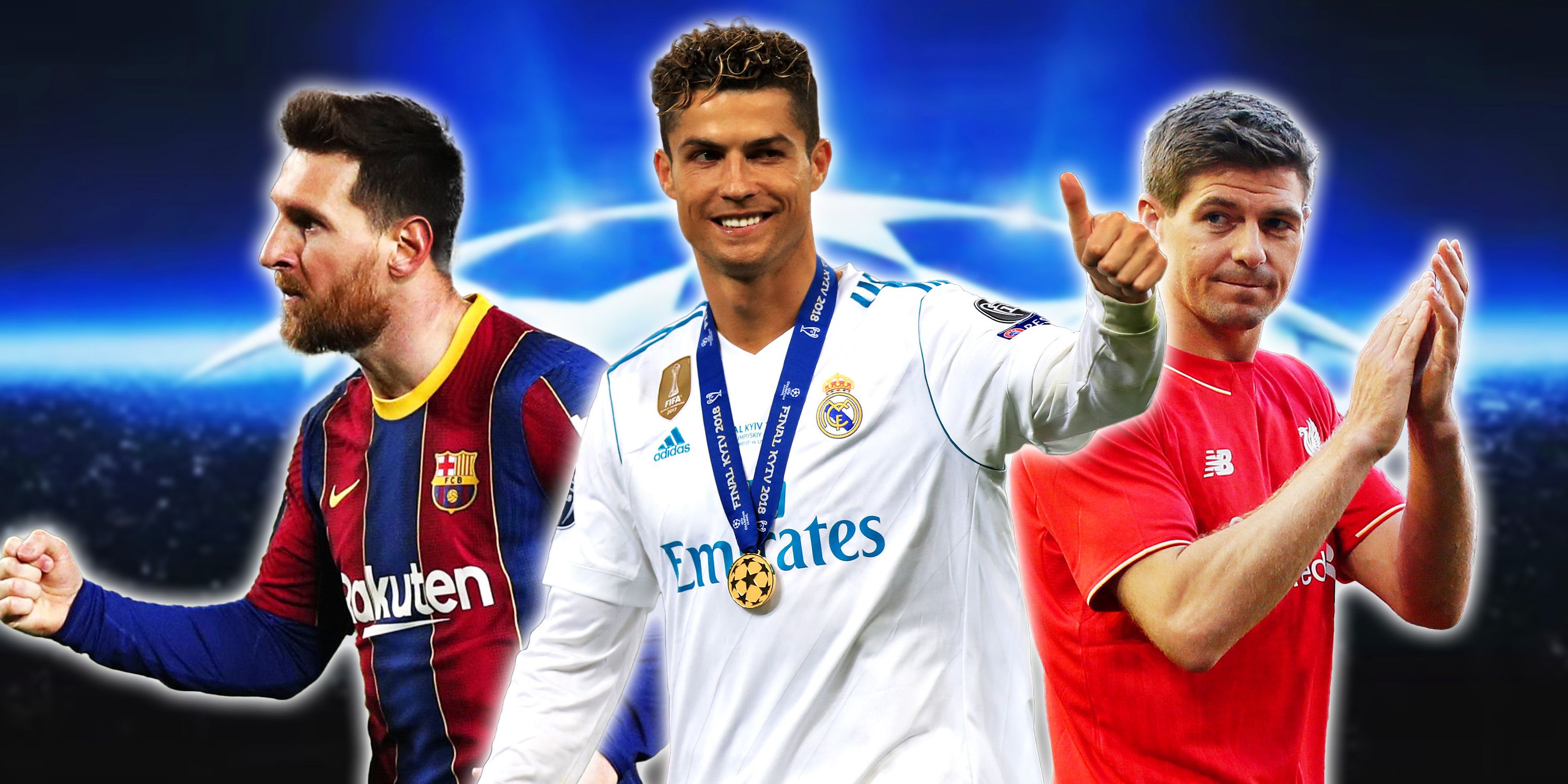 Collage featuring Lionel Messi, Cristiano Ronaldo and Steven Gerrard.
