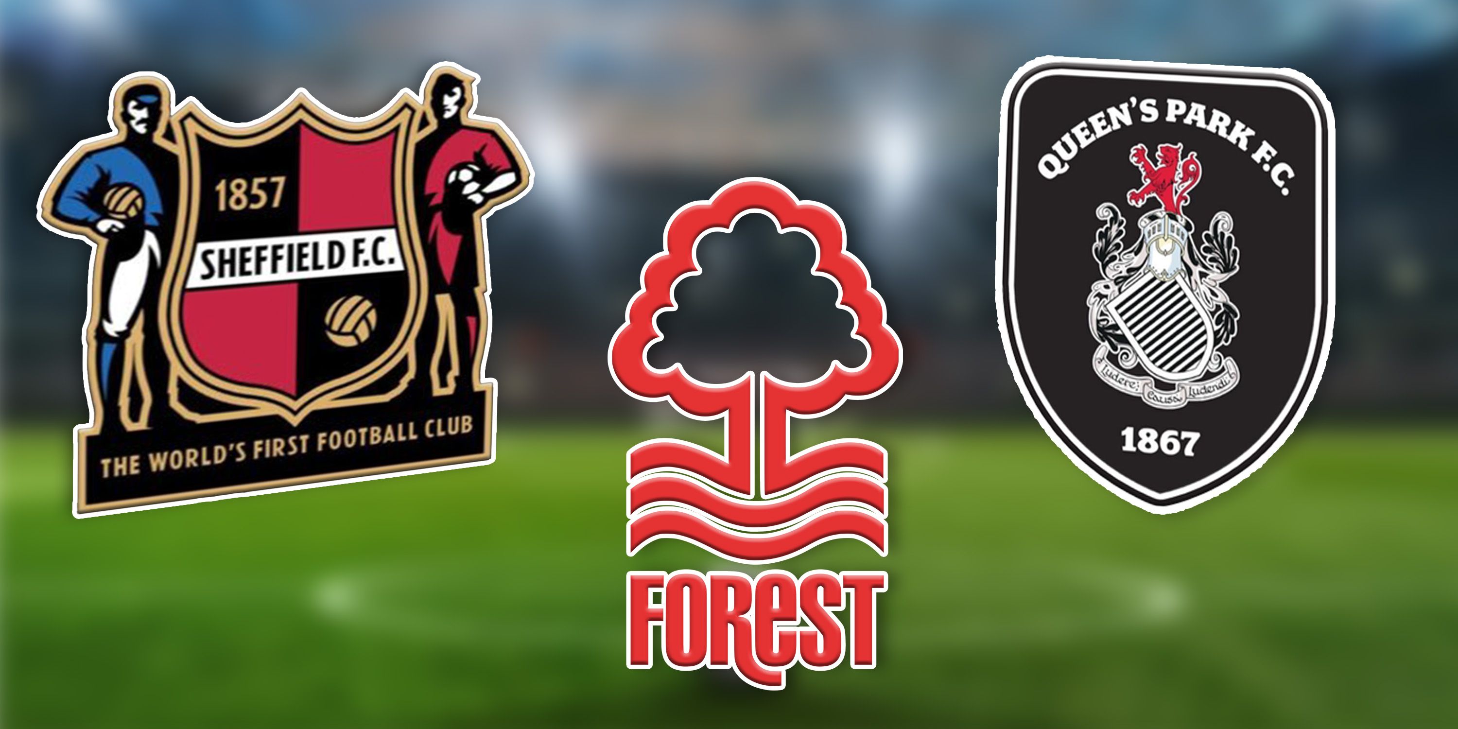Collage of Sheffield FC, Nottingham Forest & Queen's Park FC crests.