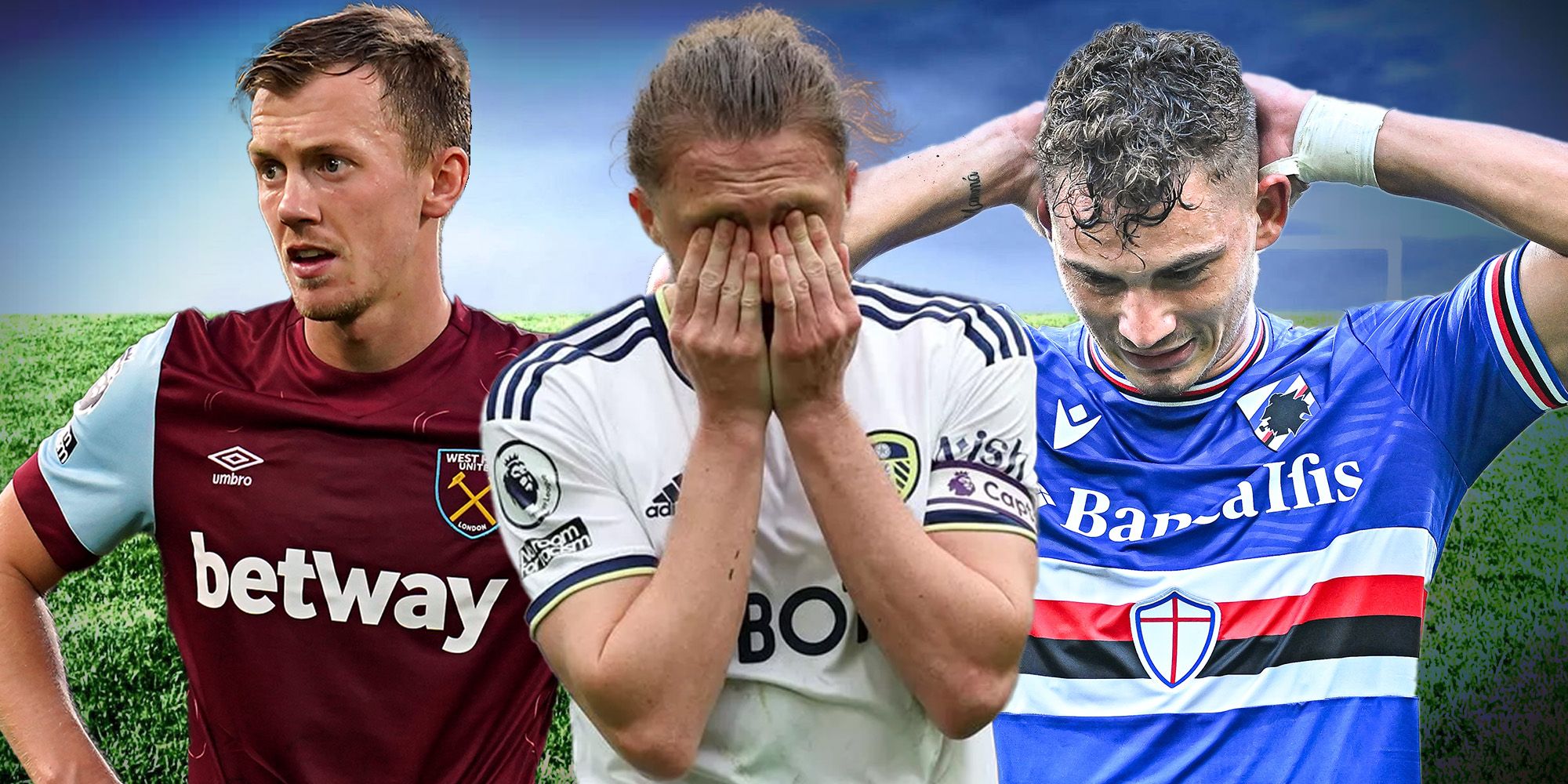 Collage of dejected players from West Ham, Leeds United and Sampdoria.