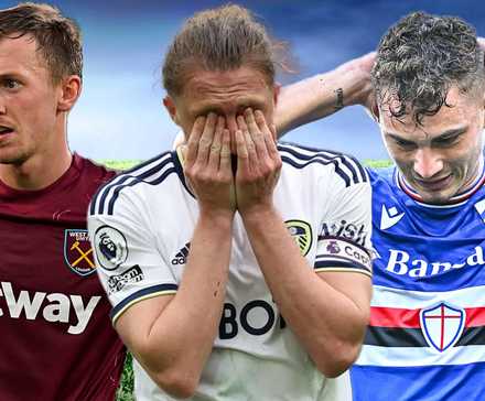 Collage of dejected players from West Ham, Leeds United and Sampdoria.