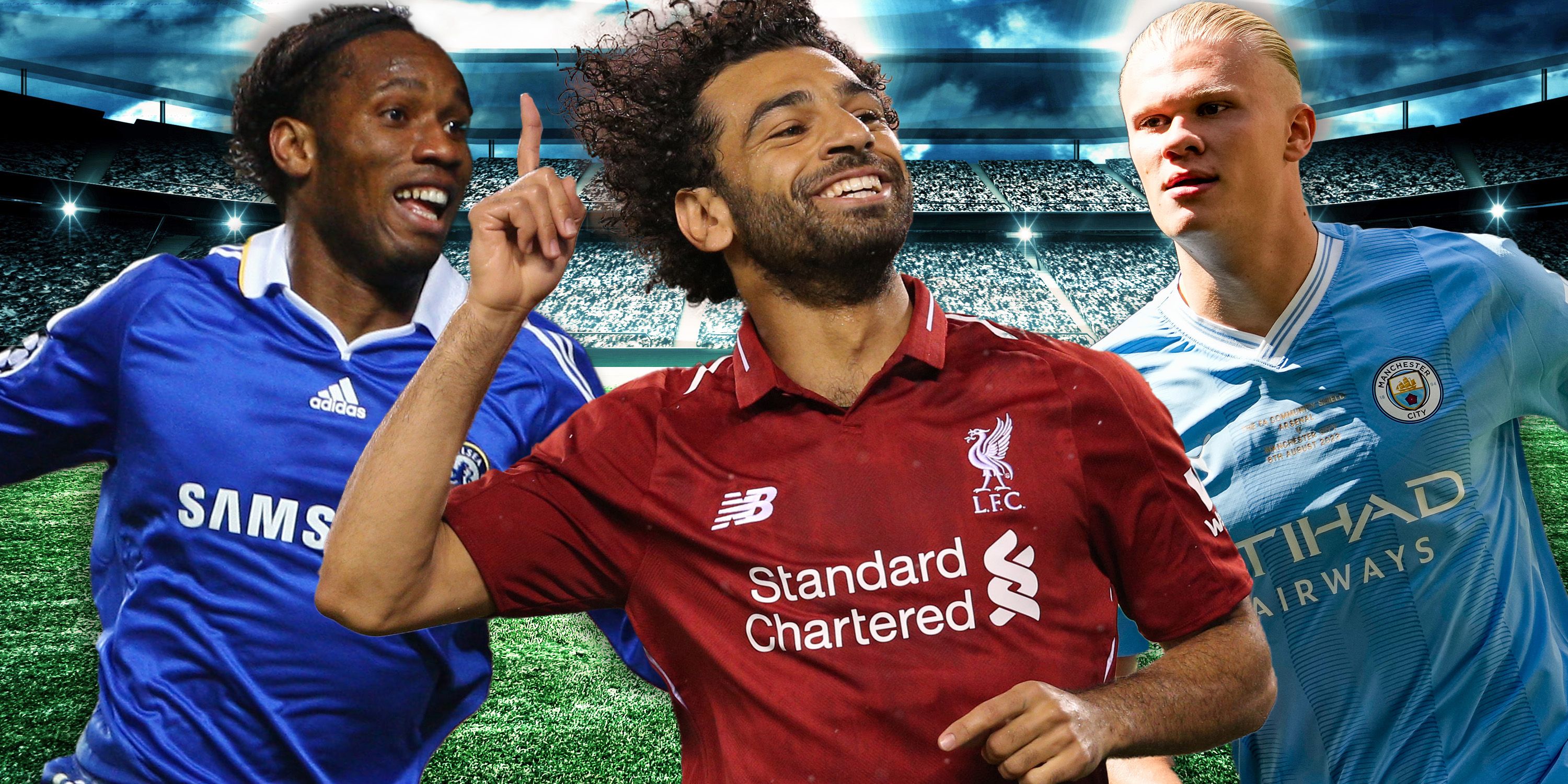Collage featuring Chelsea's Didier Drogba, Liverpool's Mohamed Salah & Manchester City's Erling Haaland.