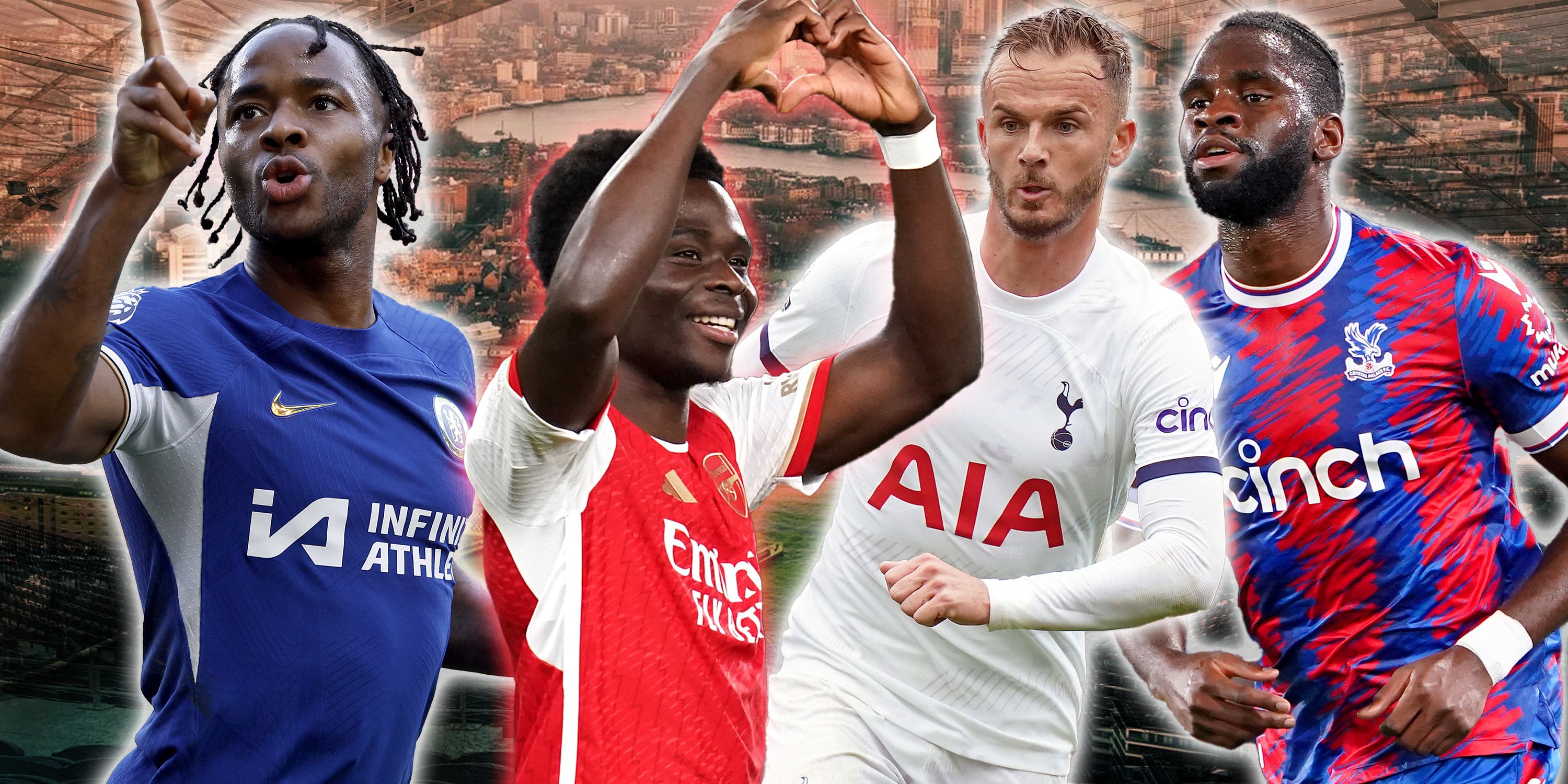 Collage featuring Chelsea's Raheem Sterling, Arsenal's Bukayo Saka, Tottenham's James Maddison & Crystal Palace's Odsonne Edouard.