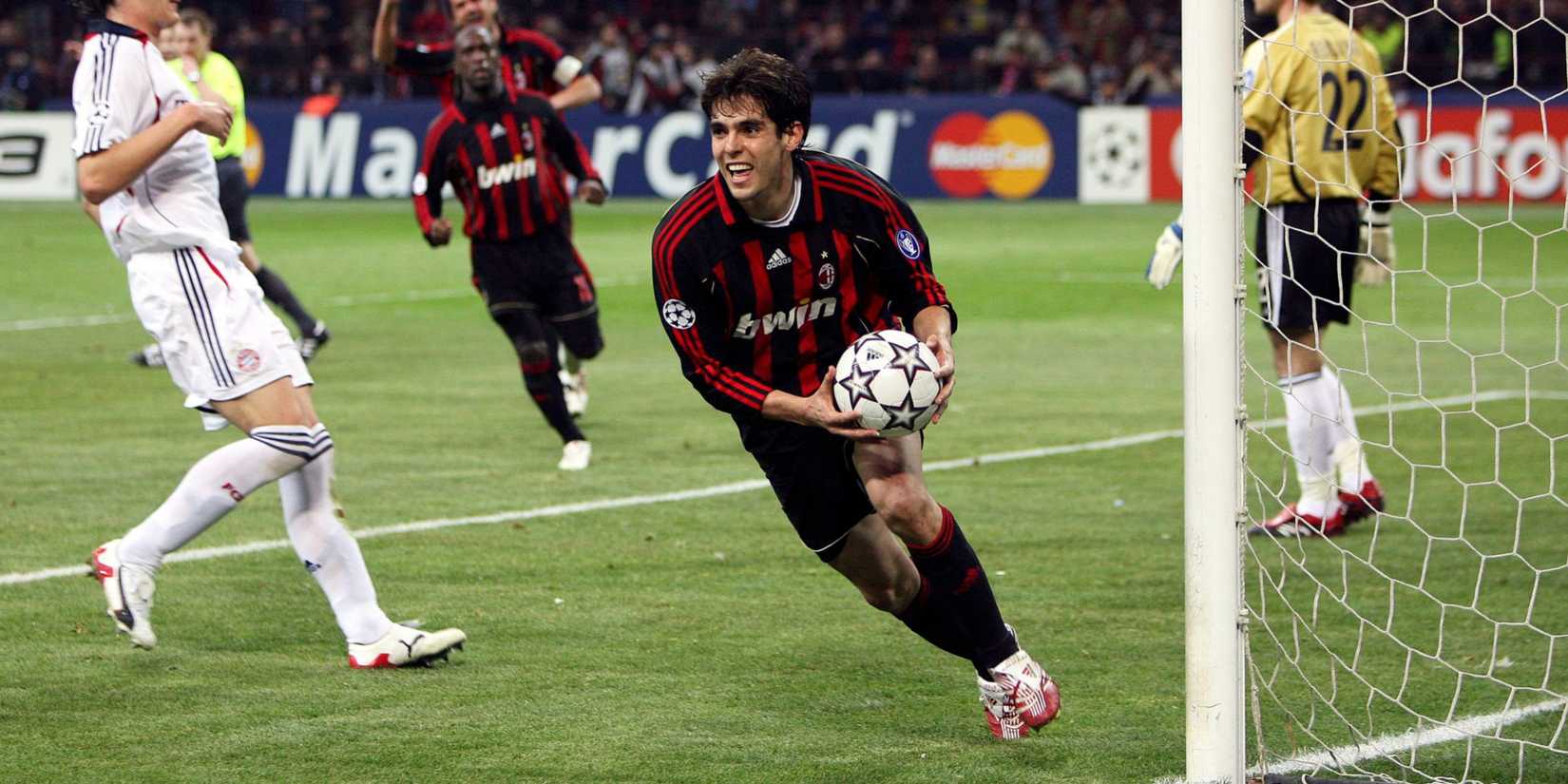 Kaka retrieves the ball after scoring for AC Milan. 