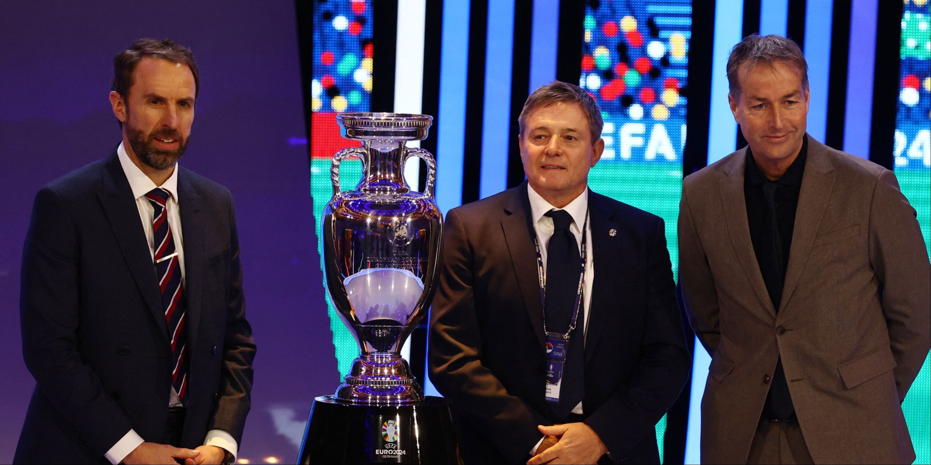 UEFA Euro 2024 Final Draw - Elbphilharmonie Hamburg, Hamburg, Germany - December 2, 2023 England manager Gareth Southgate, Denmark coach Kasper Hjulmand and Serbia coach Dragan Stojkovic pose with the trophy after the draw