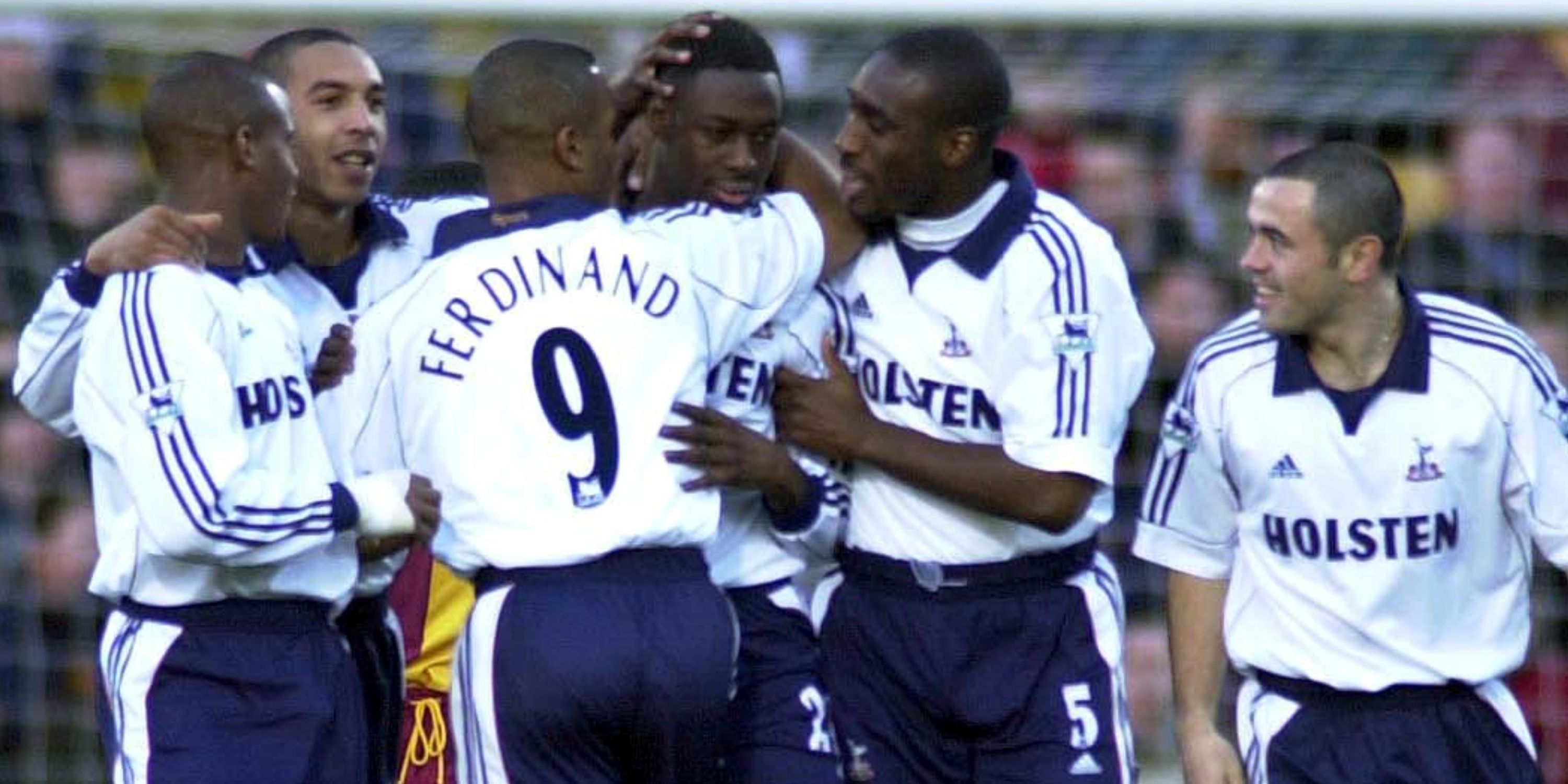 Tottenham players celebrate Ledley King's goal vs Bradford City