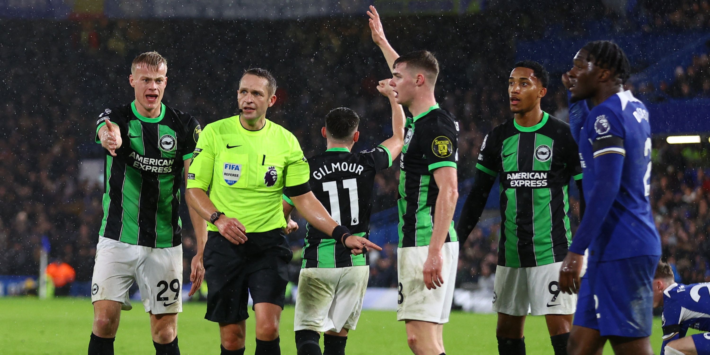 Referee Craig Pawson gives Brighton & Hove Albion a penalty but it is later overturned