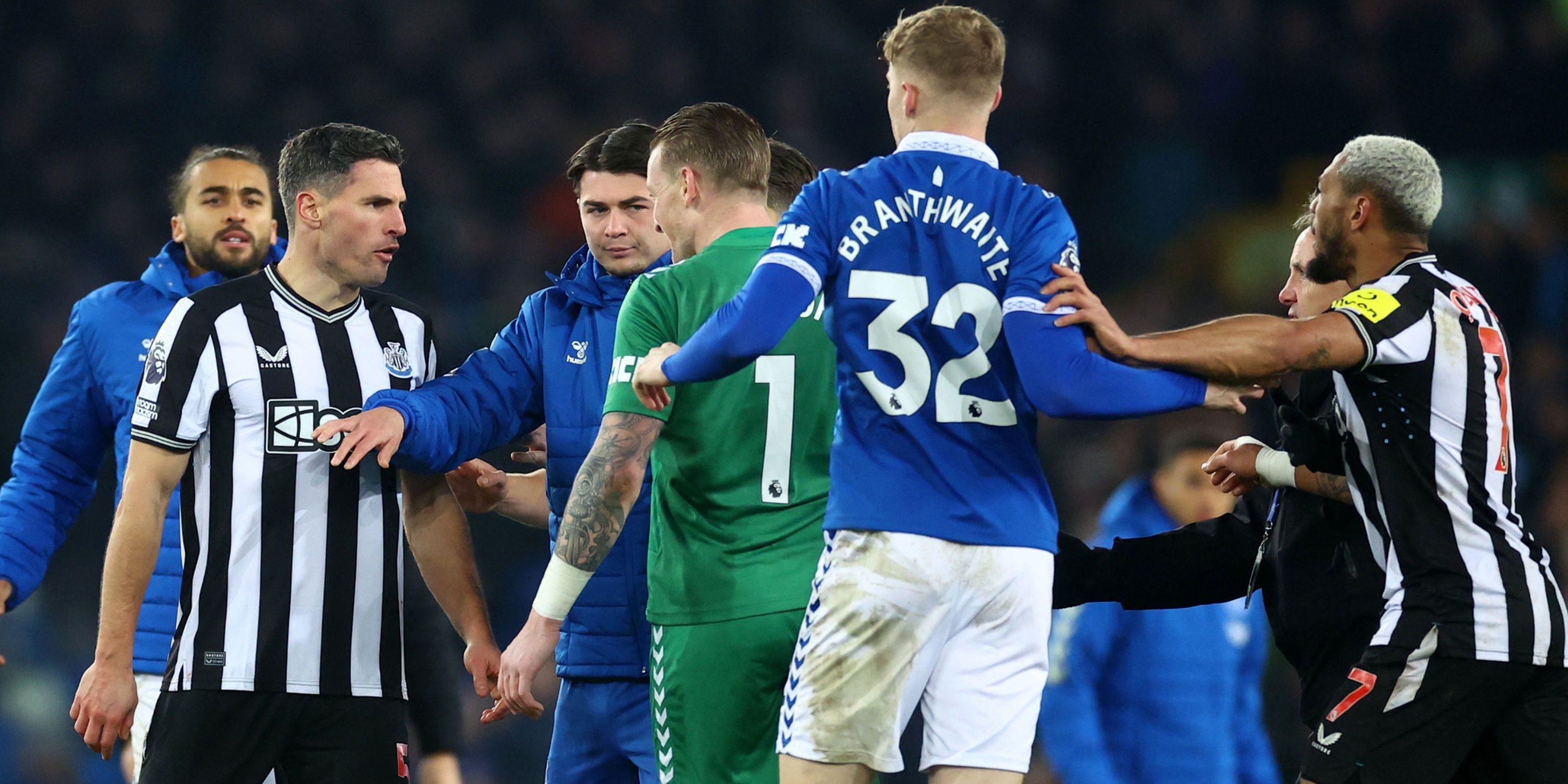 Jordan Pickford clashes with Newcastle players