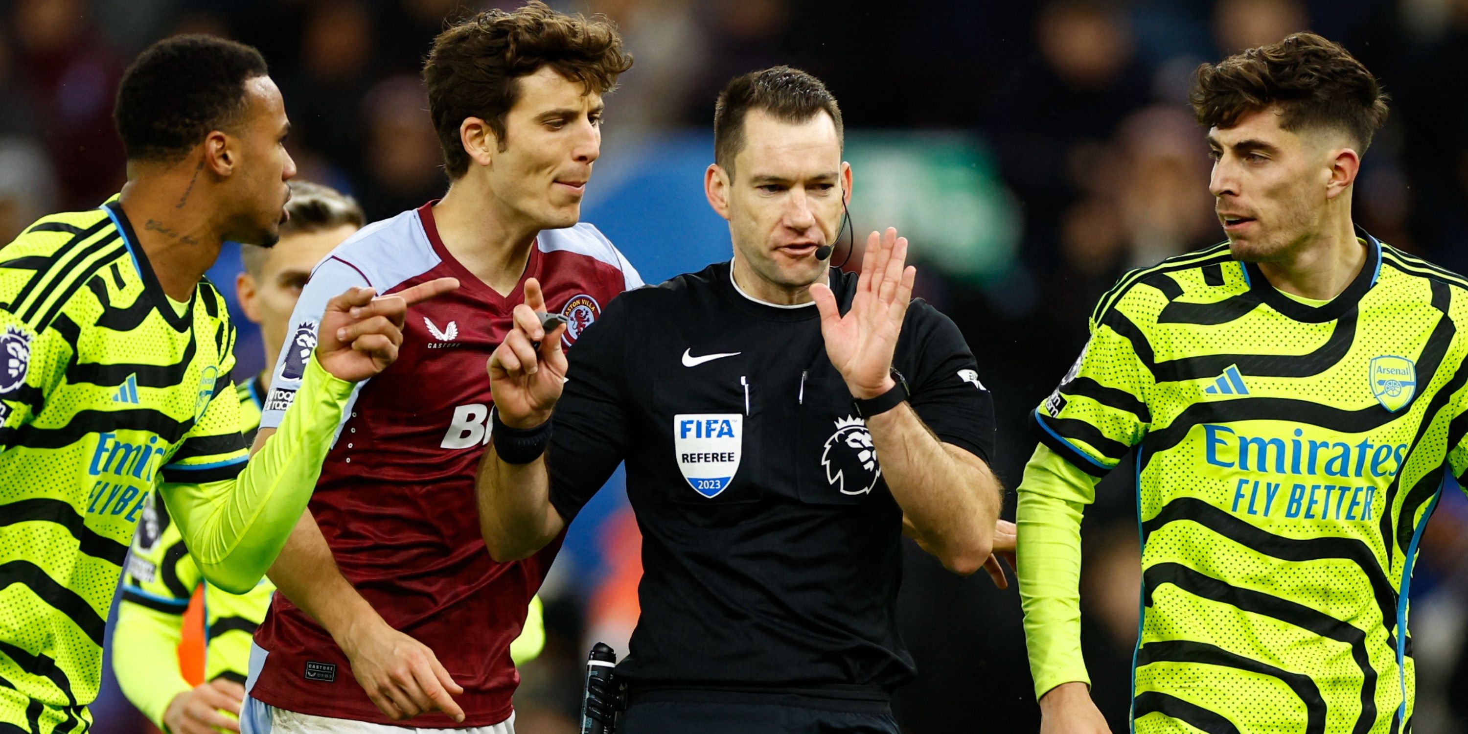 Arsenal's Gabriel and Kai Havertz remonstrate with the referee Jarred Gillett